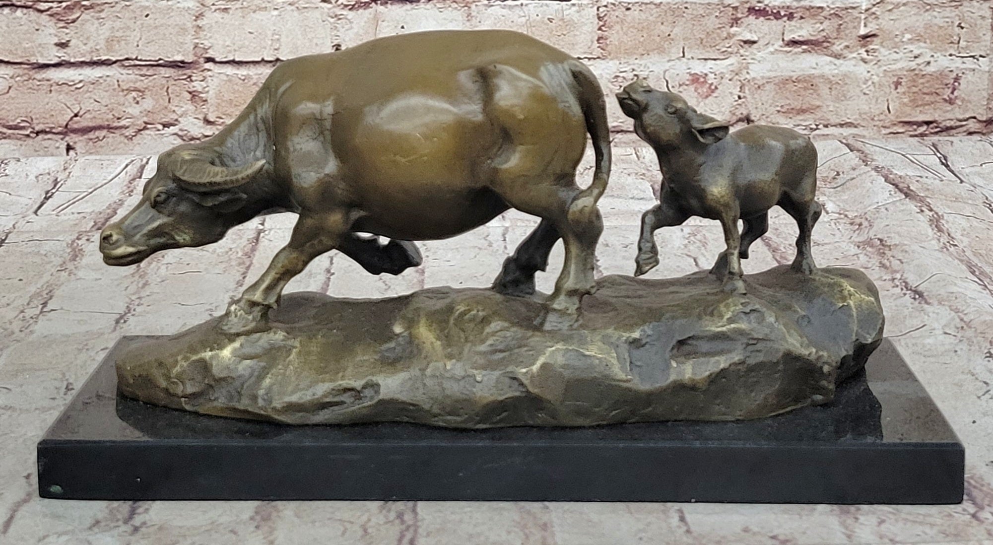 Mother Buffalo & Calf Bronze Sculpture – Timeless Pastoral Artwork on Marble Base
