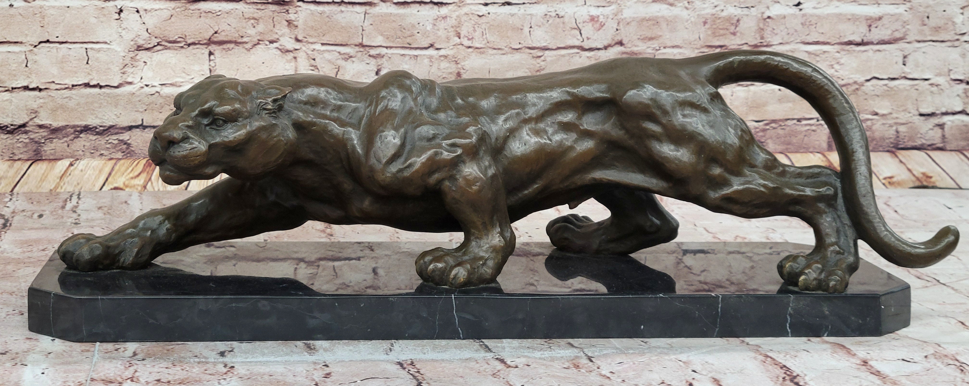 Stalking Panther Cougar Lioness Bronze Sculpture on Marble Base