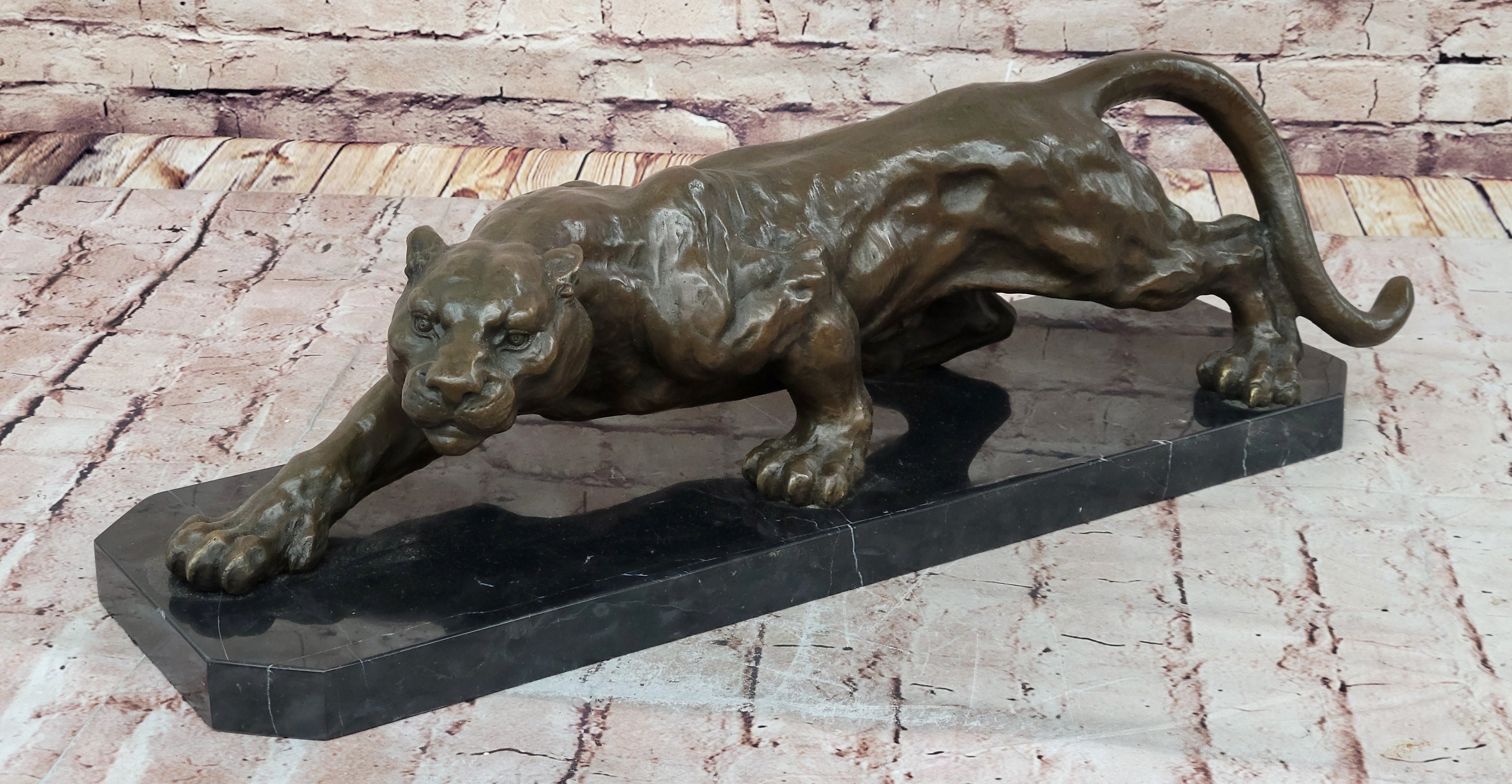 Stalking Panther Cougar Lioness Bronze Sculpture on Marble Base