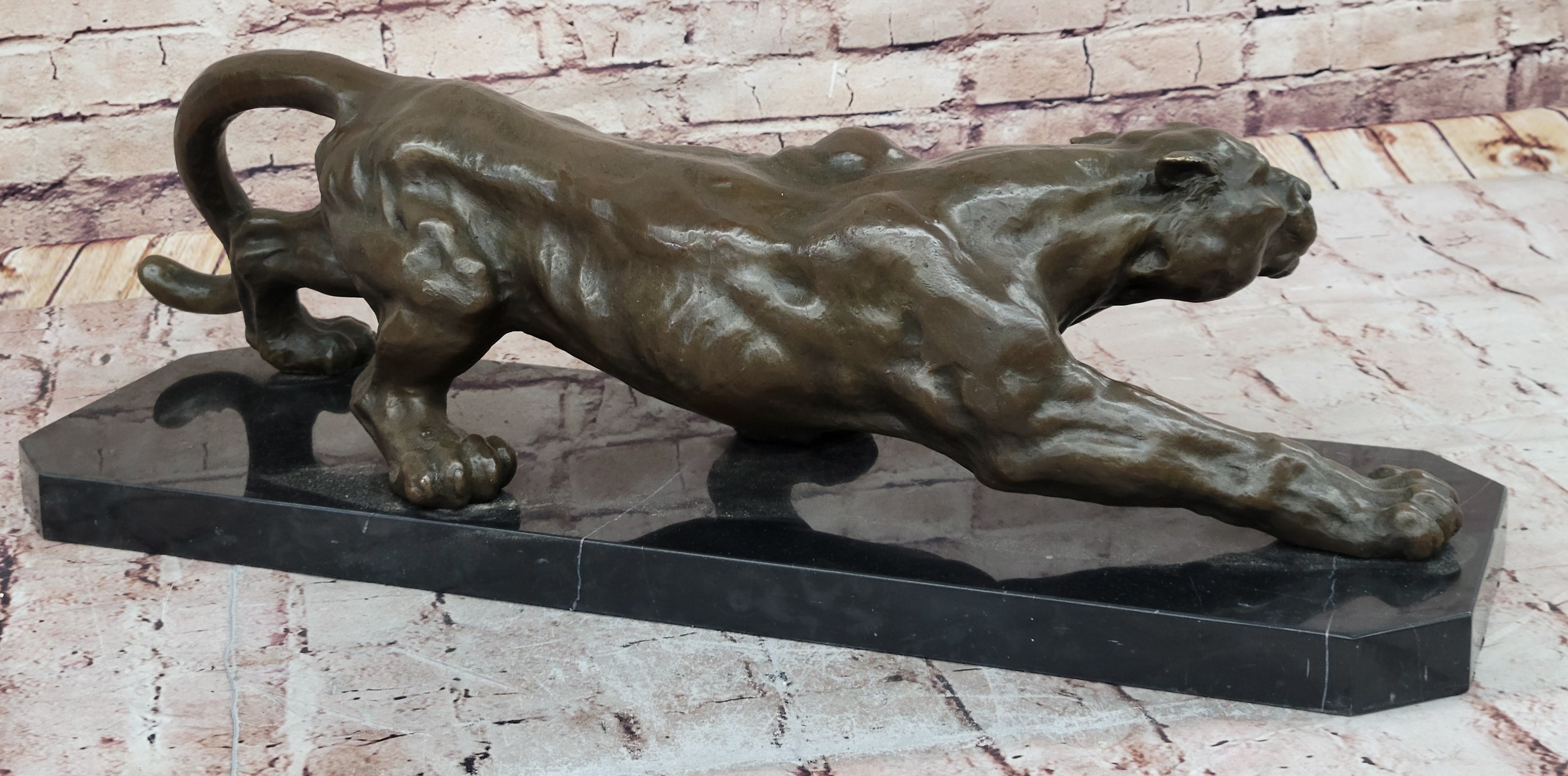 Stalking Panther Cougar Lioness Bronze Sculpture on Marble Base