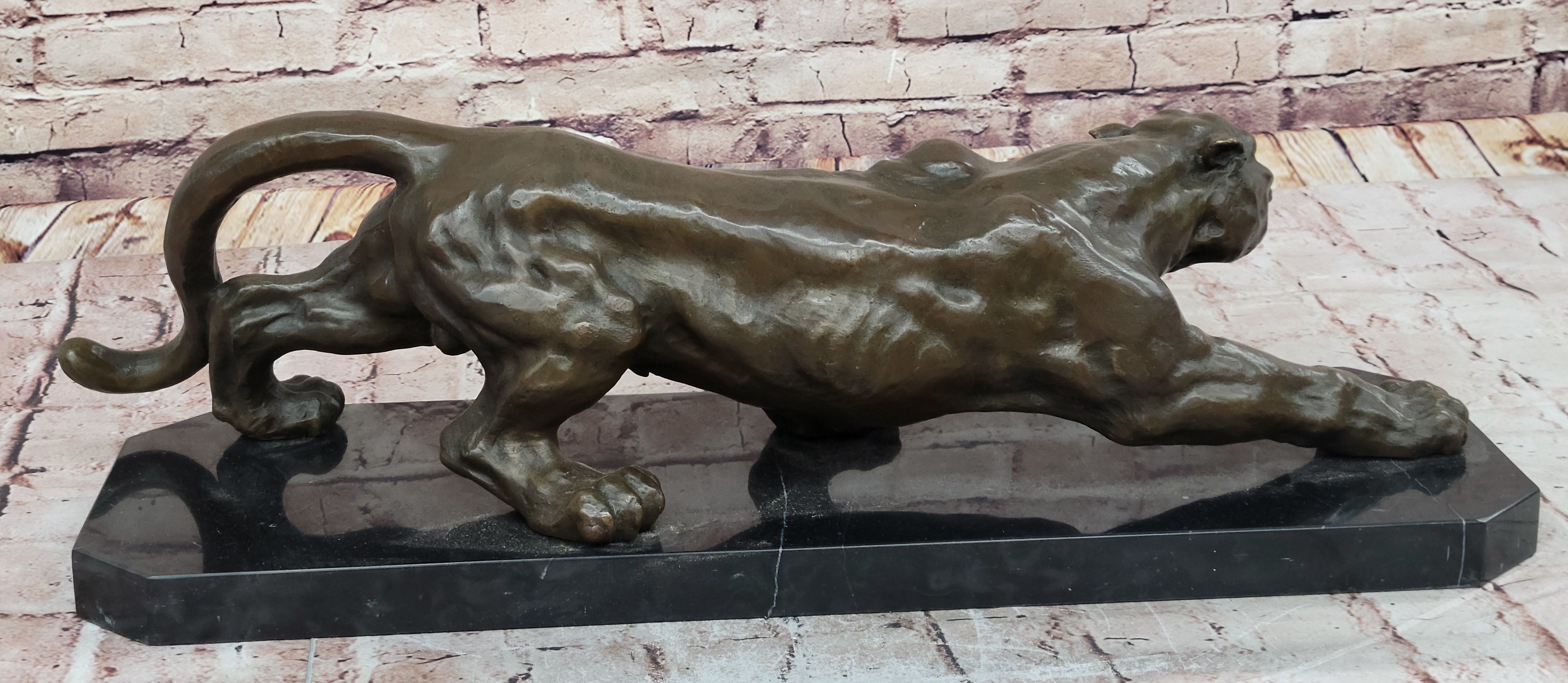 Stalking Panther Cougar Lioness Bronze Sculpture on Marble Base