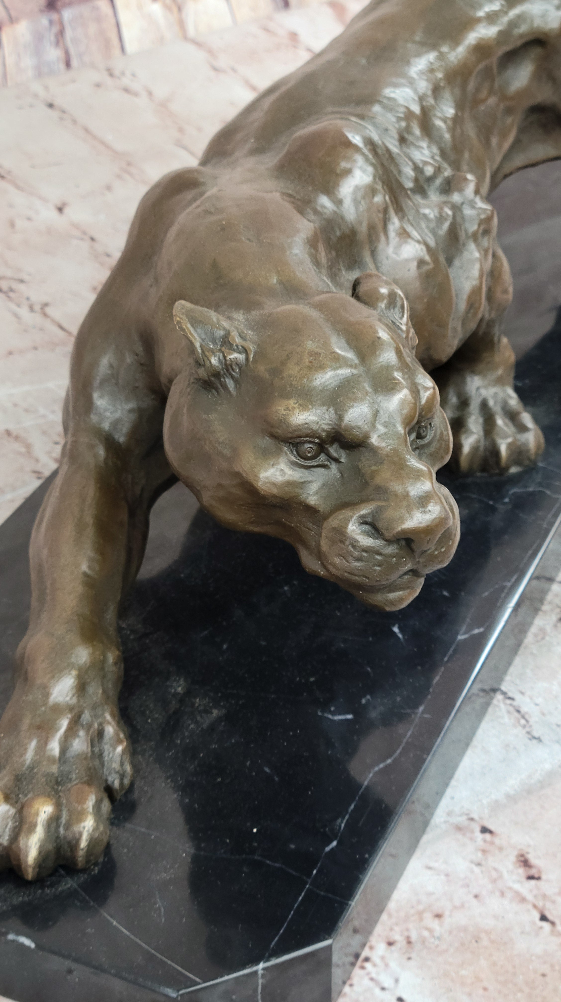 Stalking Panther Cougar Lioness Bronze Sculpture on Marble Base