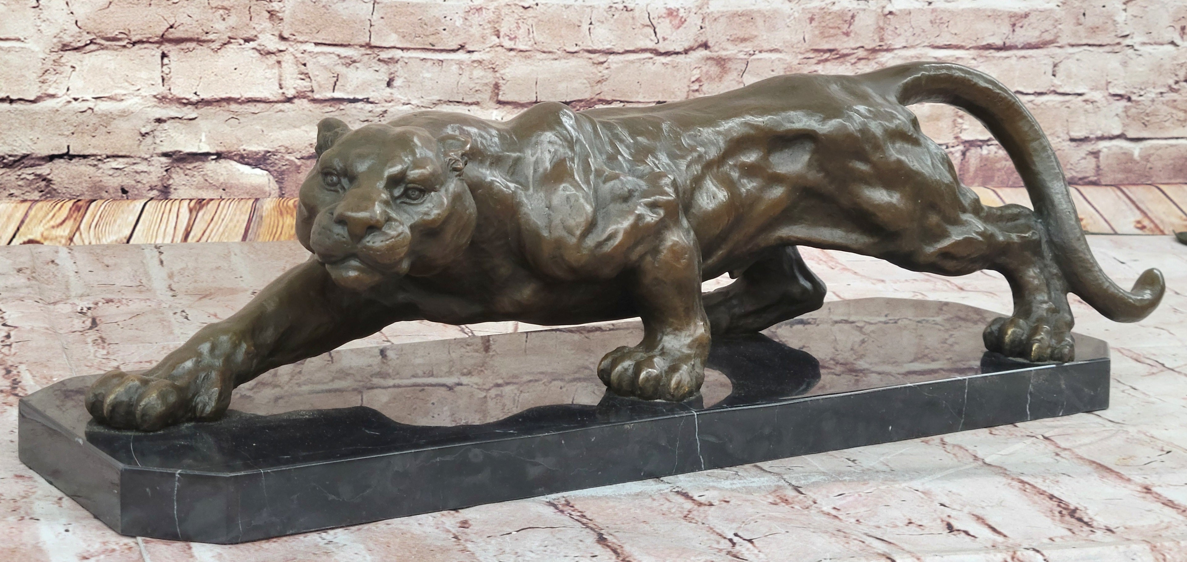 Stalking Panther Cougar Lioness Bronze Sculpture on Marble Base