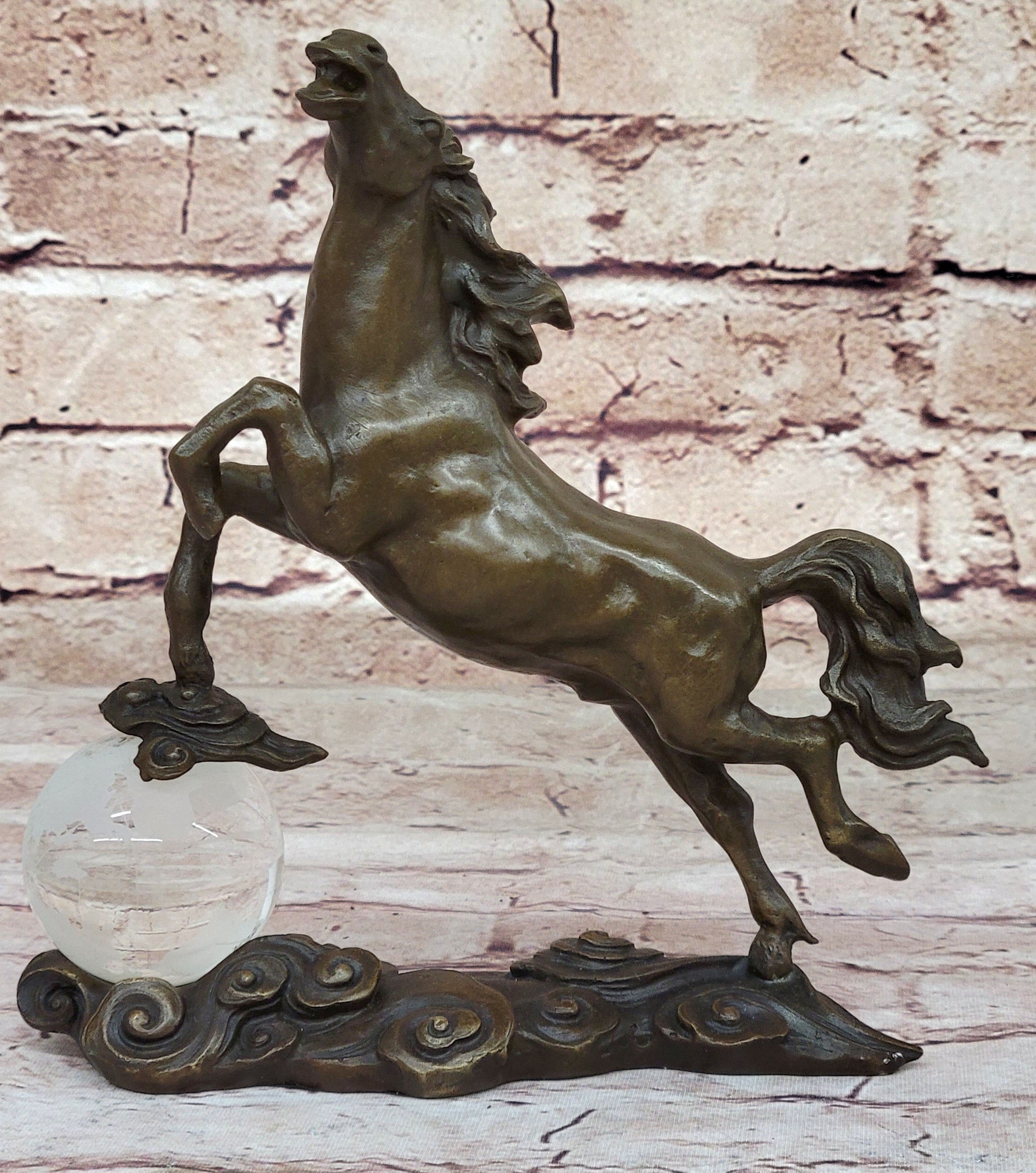 Bronze Horse Sculpture w/ Crystal Ball - Signed Equestrian Art by Milo