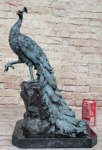 Bronze Peacock Sculpture Green Patina Marble Base