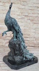 Bronze Peacock Sculpture Green Patina Marble Base