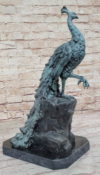 Bronze Peacock Sculpture Green Patina Marble Base