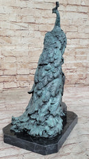 Bronze Peacock Sculpture Green Patina Marble Base