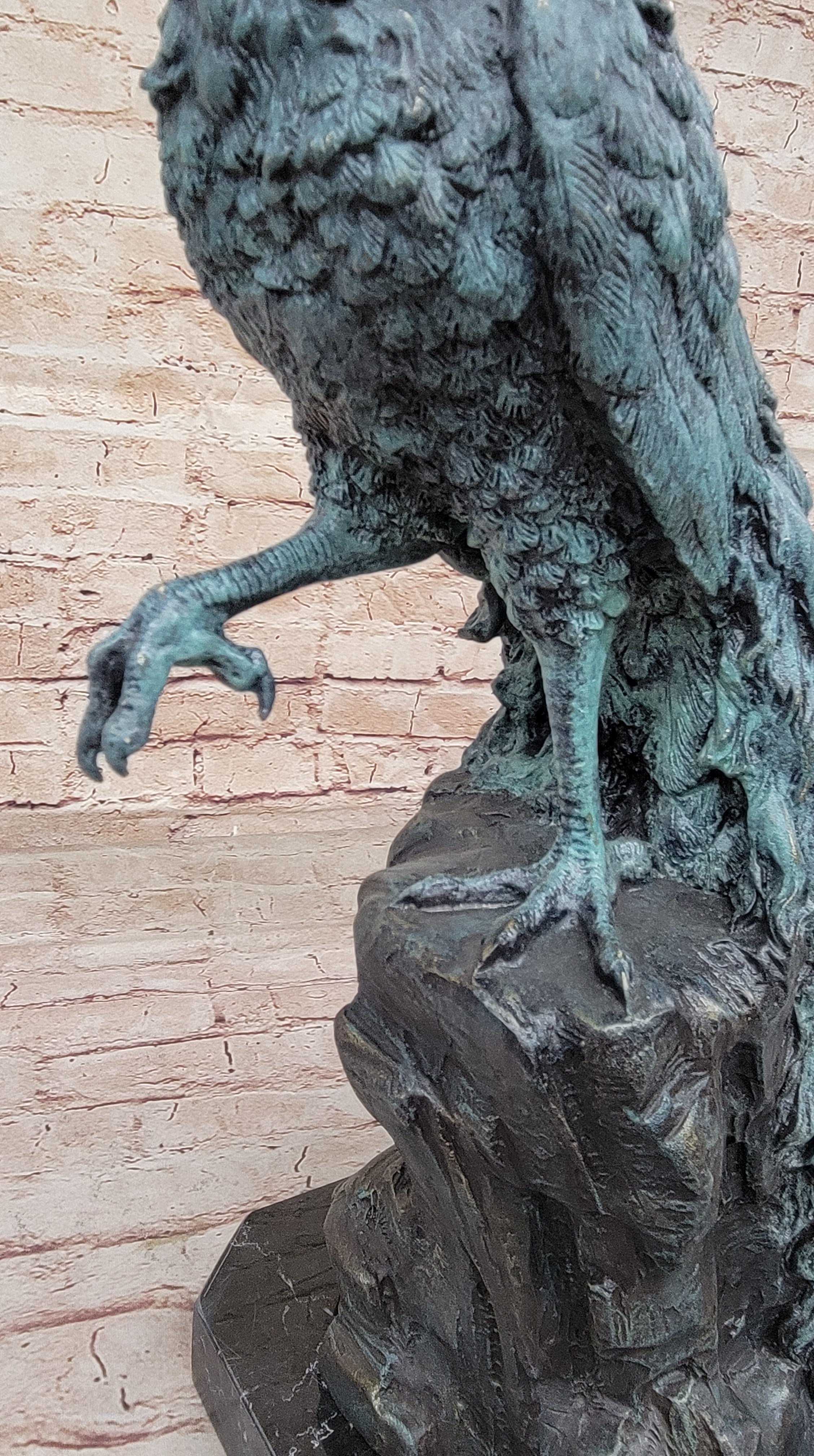 Bronze Peacock Sculpture Green Patina Marble Base