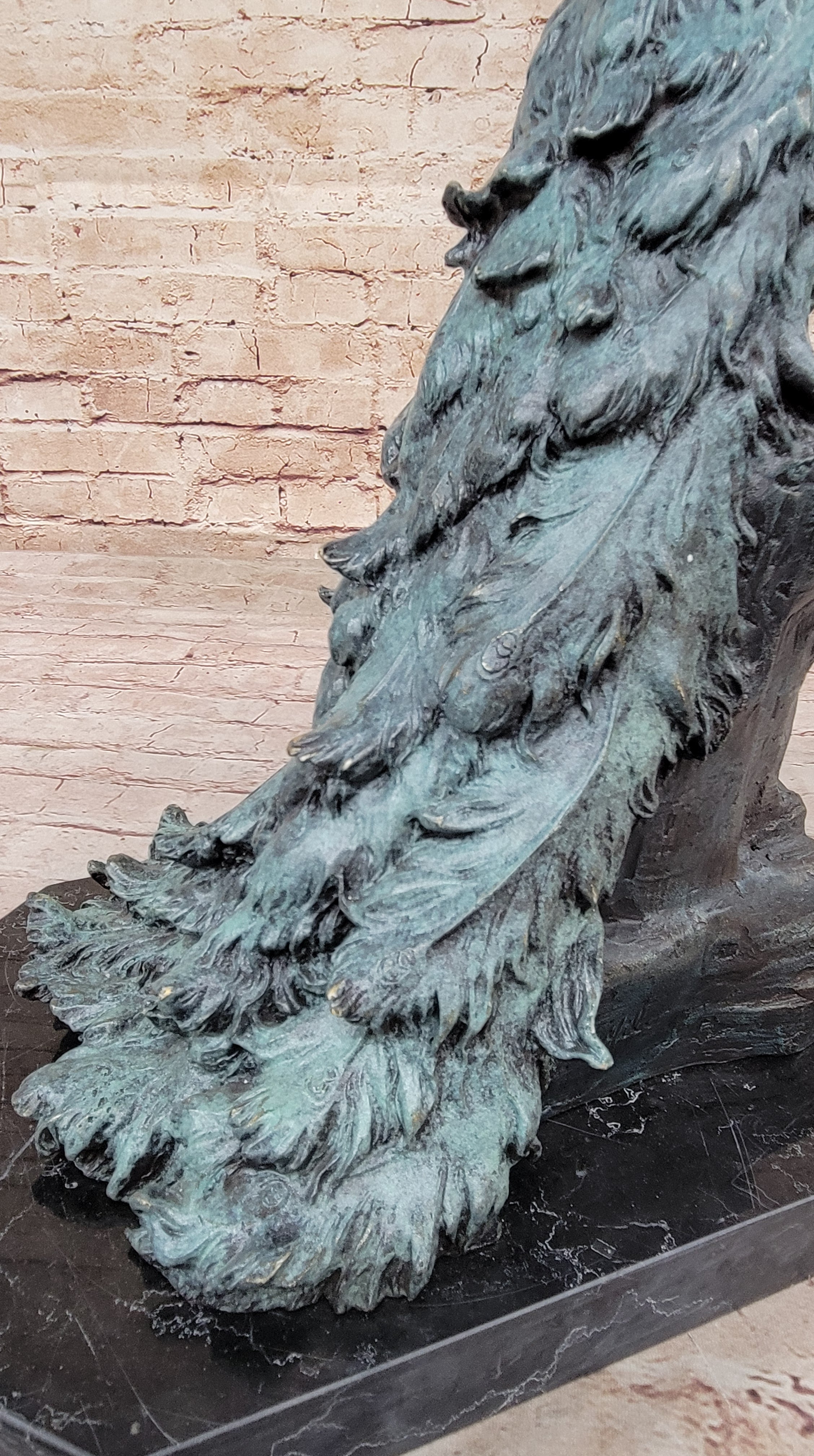Bronze Peacock Sculpture Green Patina Marble Base