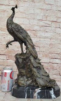 Bronze Peacock Sculpture with Long Tail Feathers