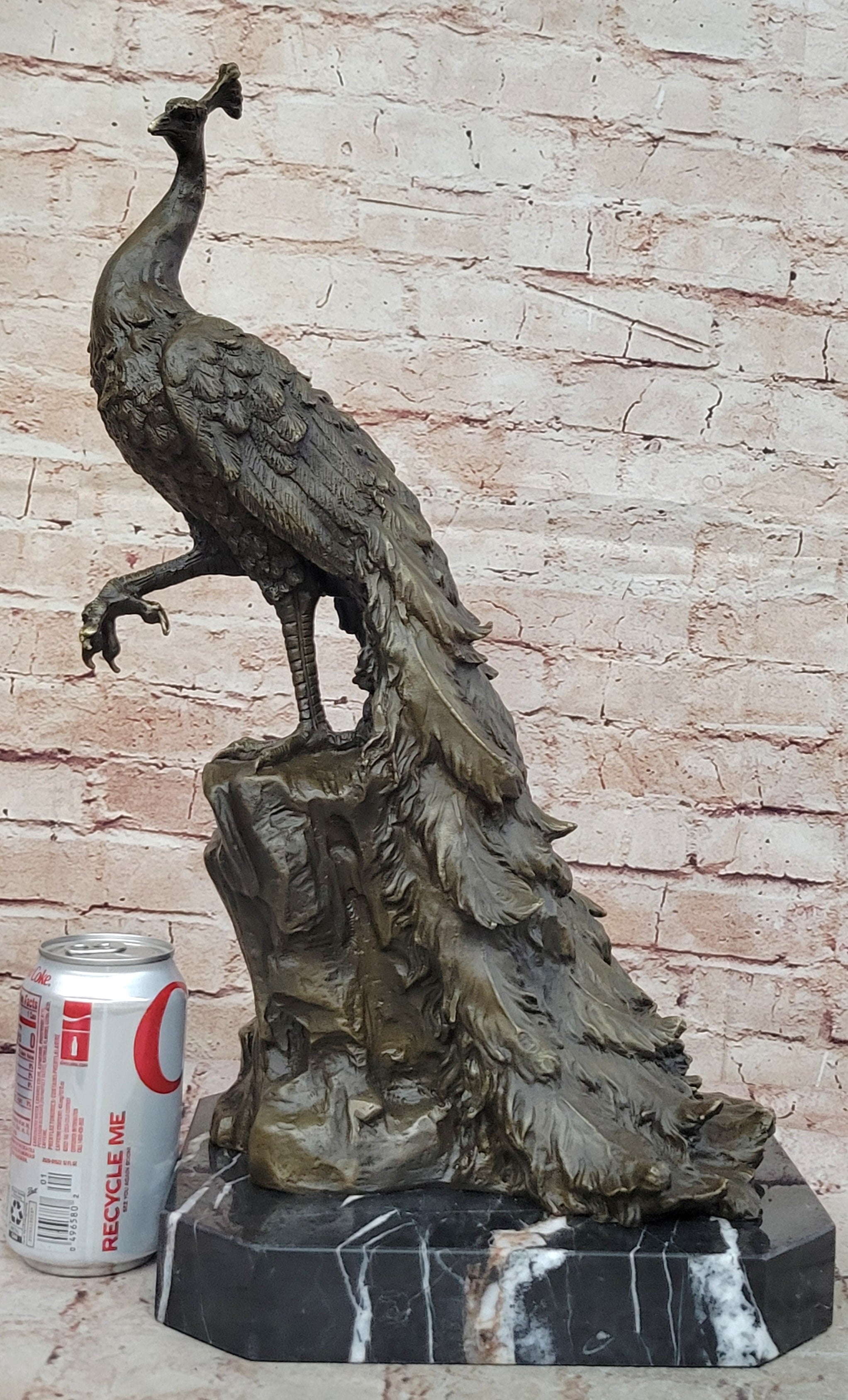 Bronze Peacock Sculpture with Long Tail Feathers