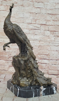 Bronze Peacock Sculpture with Long Tail Feathers