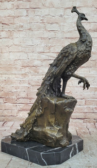 Bronze Peacock Sculpture with Long Tail Feathers