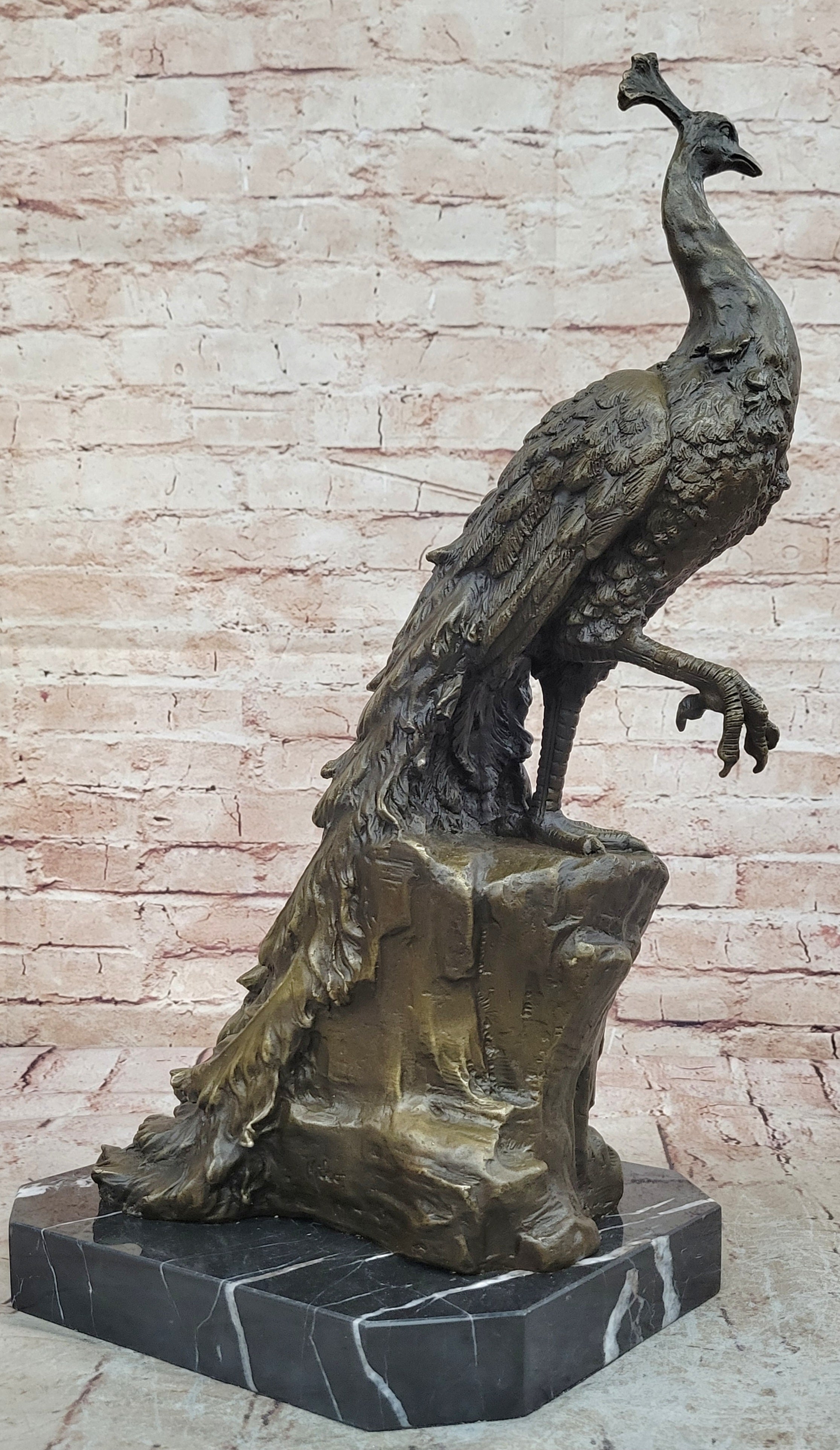 Bronze Peacock Sculpture with Long Tail Feathers