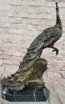 Bronze Peacock Sculpture with Long Tail Feathers