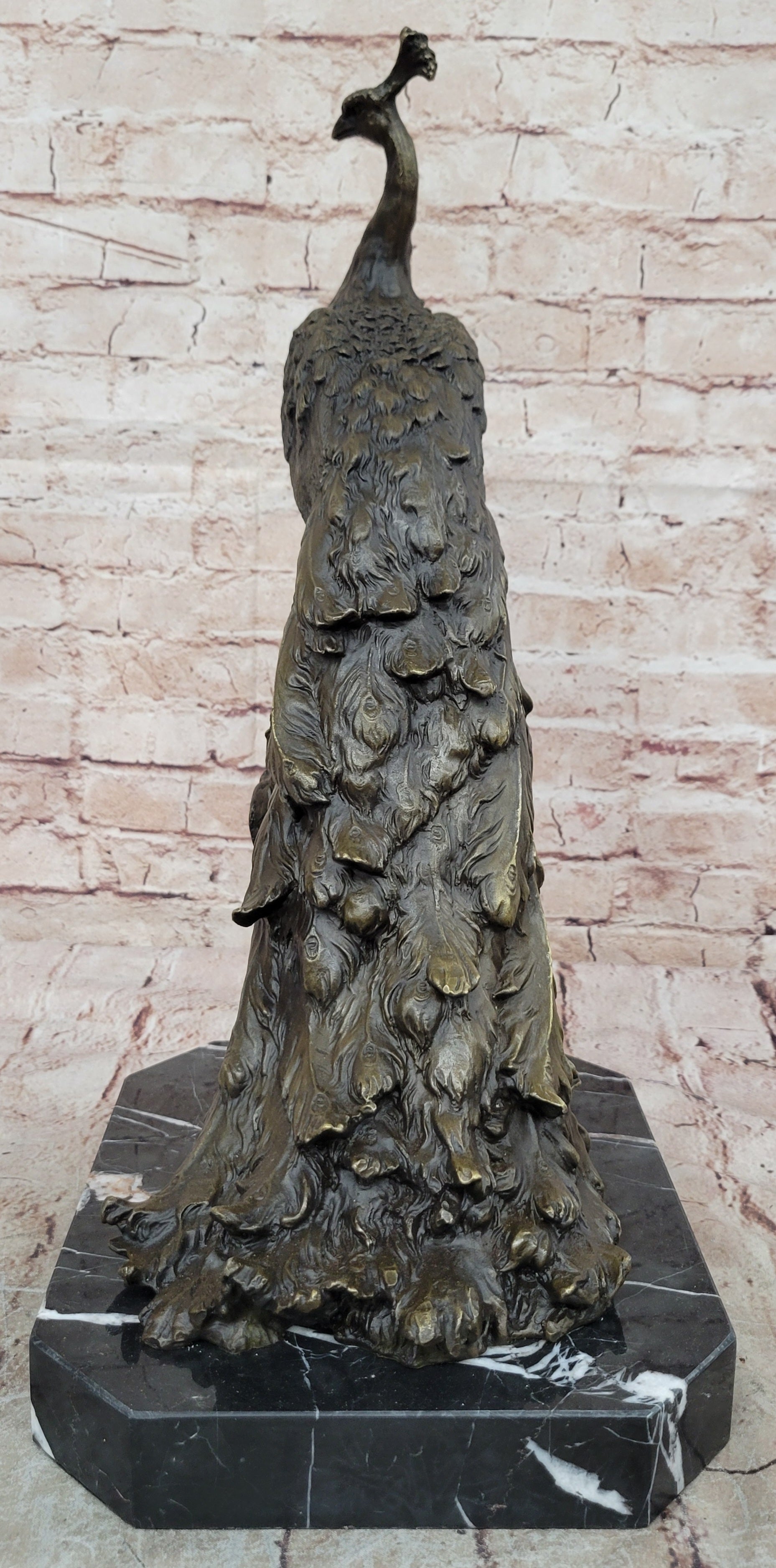 Bronze Peacock Sculpture with Long Tail Feathers