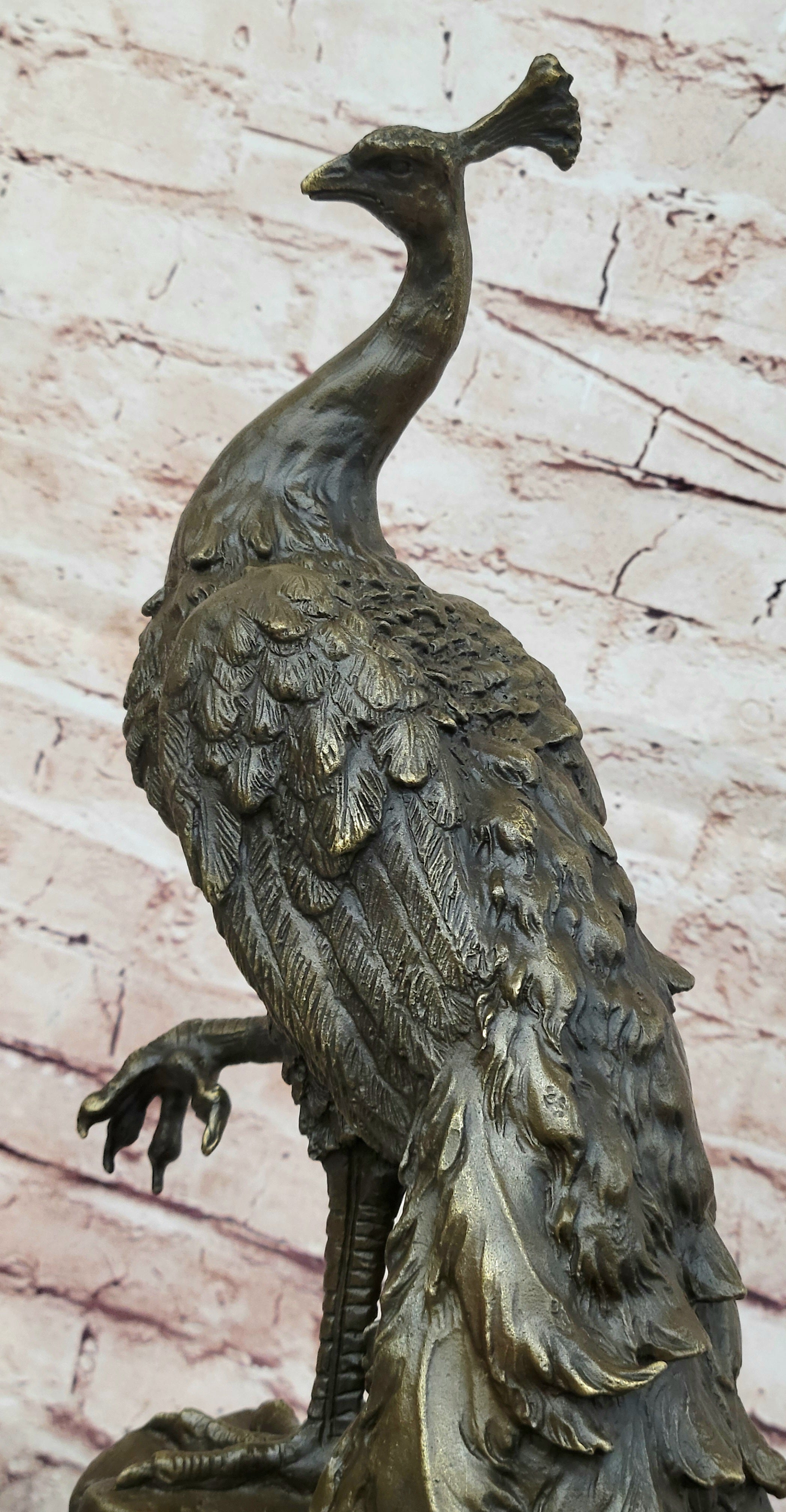 Bronze Peacock Sculpture with Long Tail Feathers