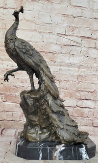 Bronze Peacock Sculpture with Long Tail Feathers