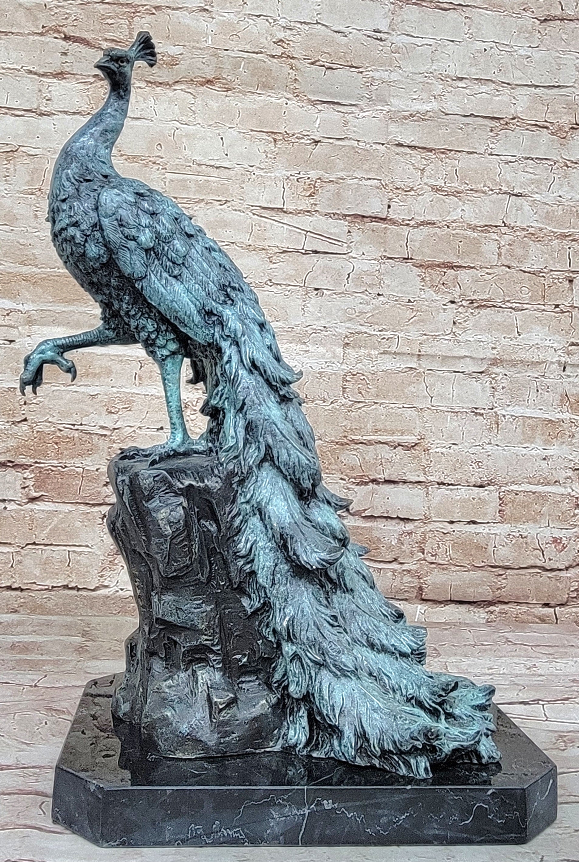 Bronze Peacock Sculpture Green Patina Marble Base