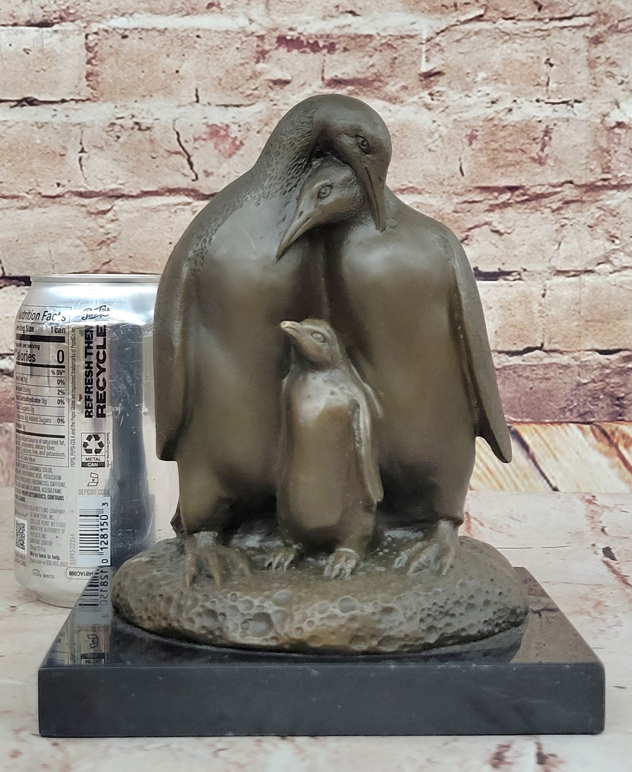 Bronze Penguin Family Sculpture on Marble Base
