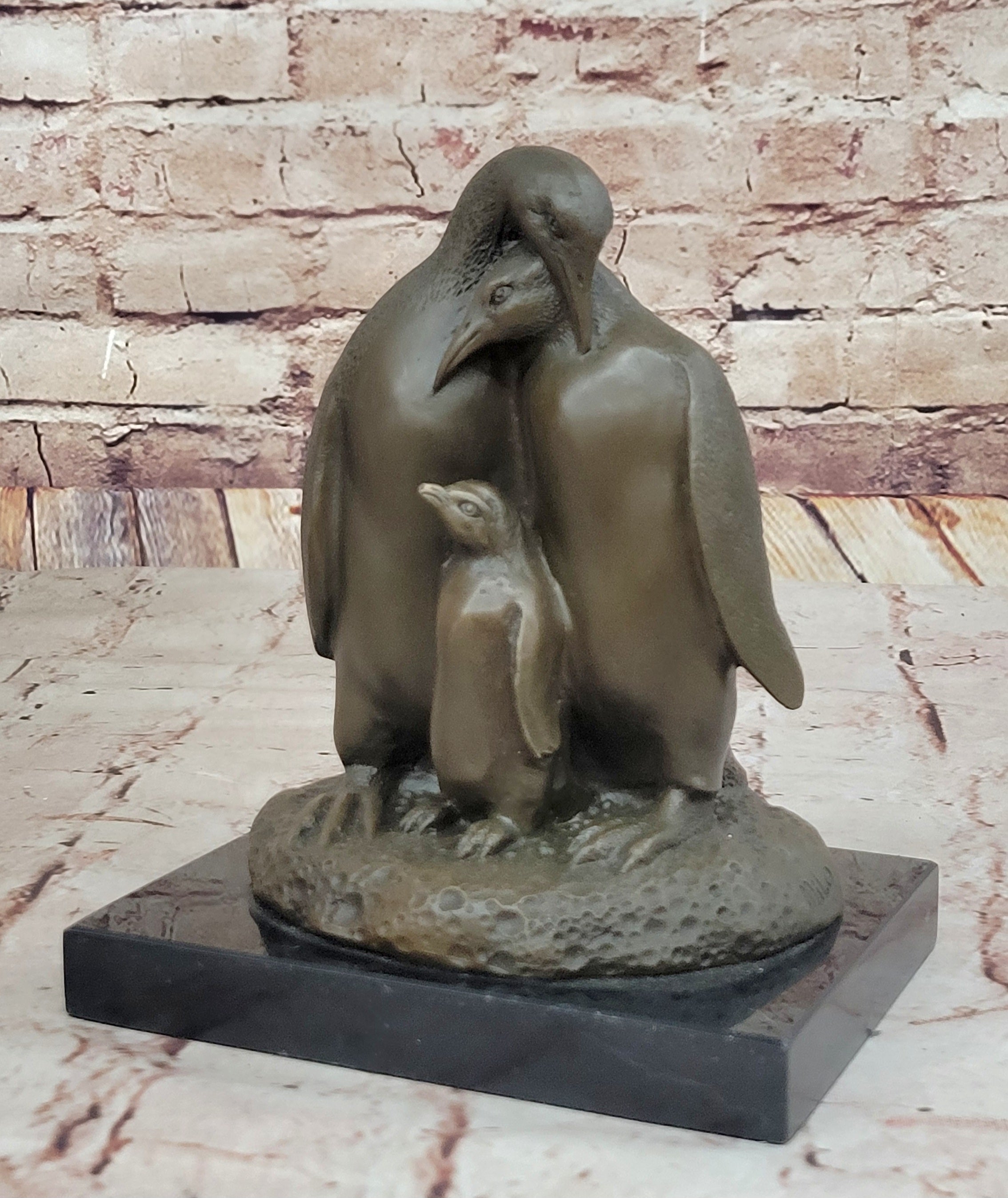 Bronze Penguin Family Sculpture on Marble Base