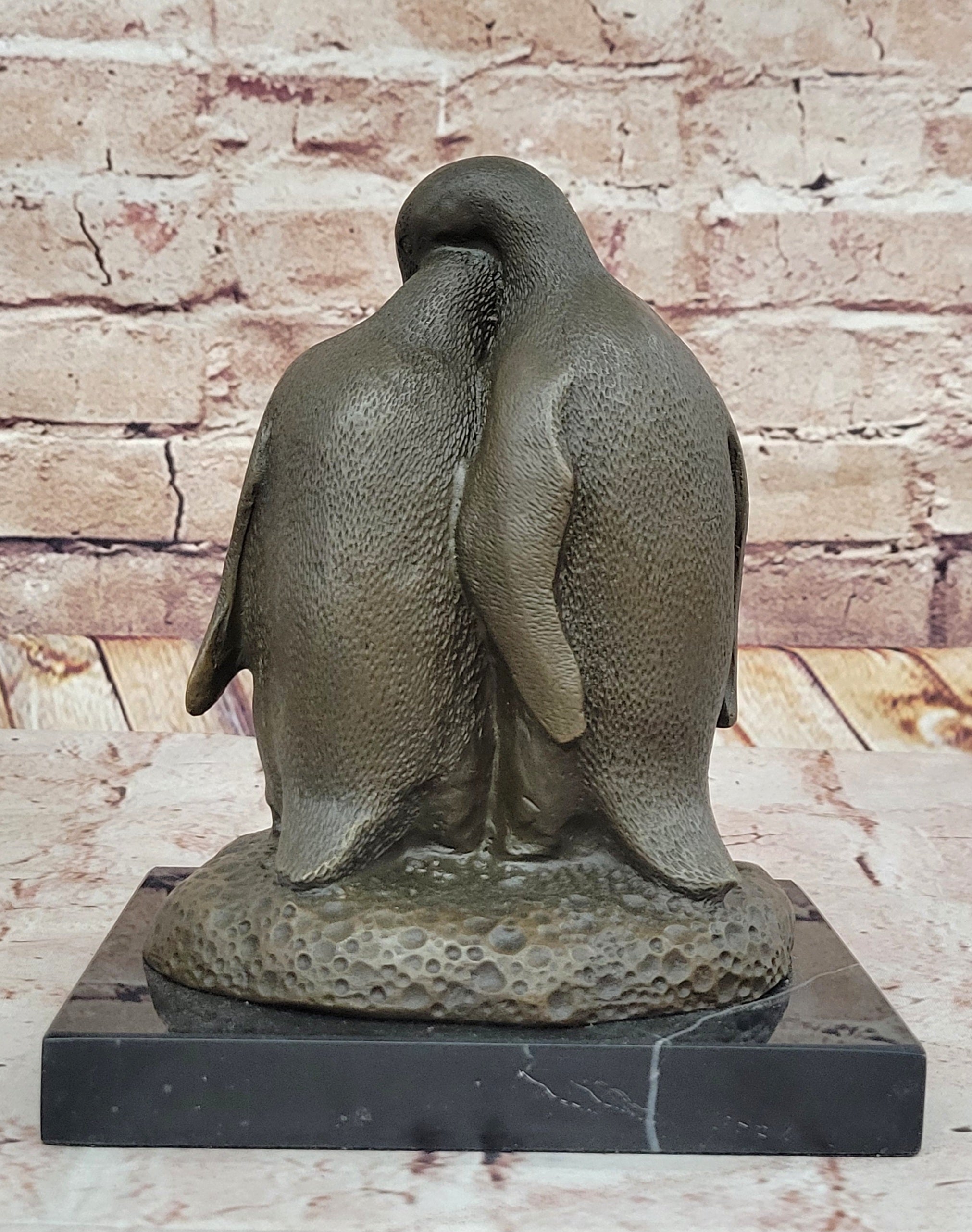 Bronze Penguin Family Sculpture on Marble Base