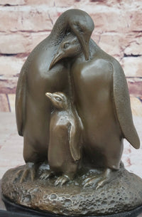 Bronze Penguin Family Sculpture on Marble Base