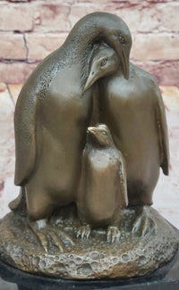 Bronze Penguin Family Sculpture on Marble Base
