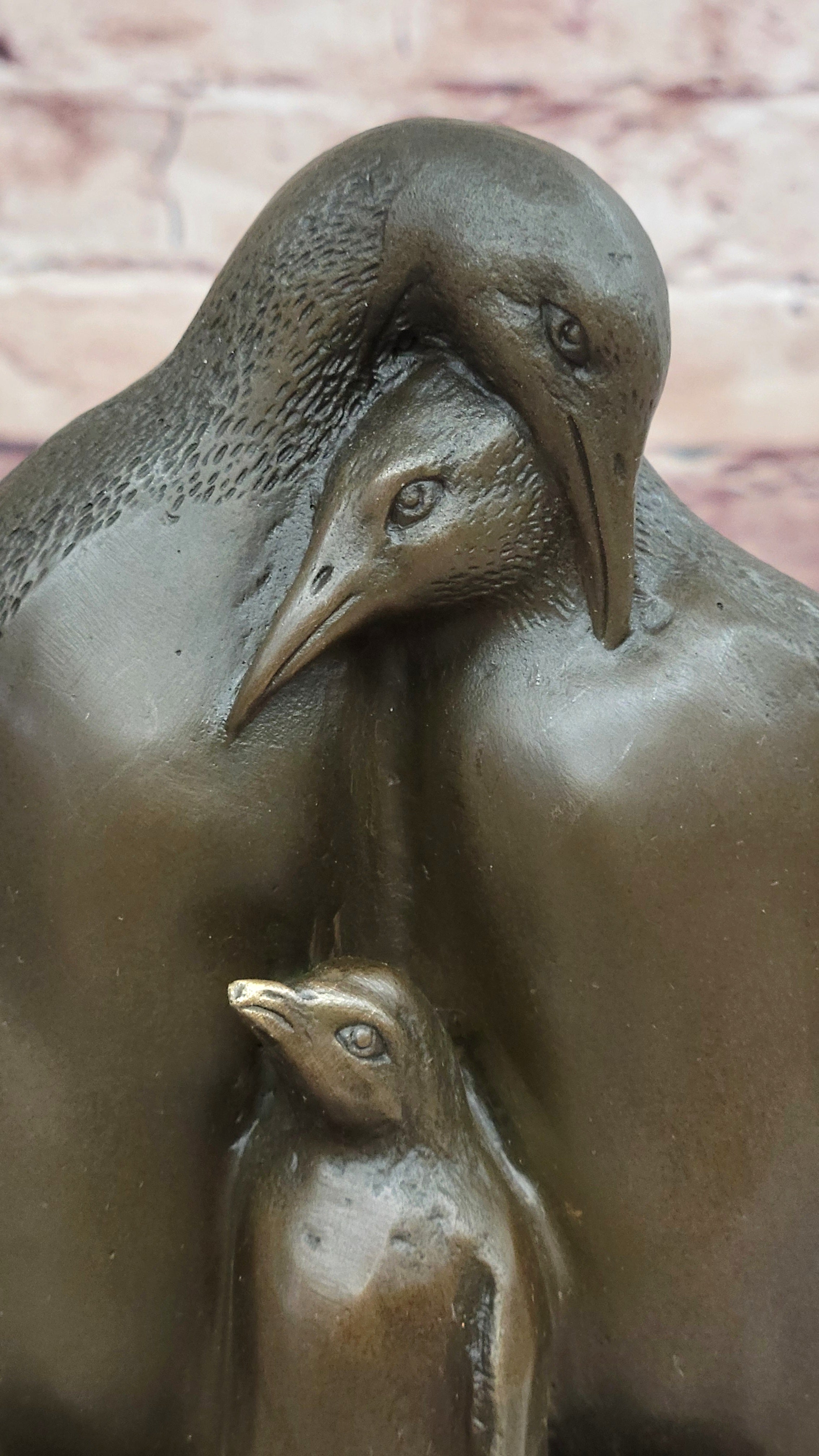 Bronze Penguin Family Sculpture on Marble Base