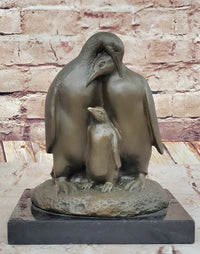 Bronze Penguin Family Sculpture on Marble Base