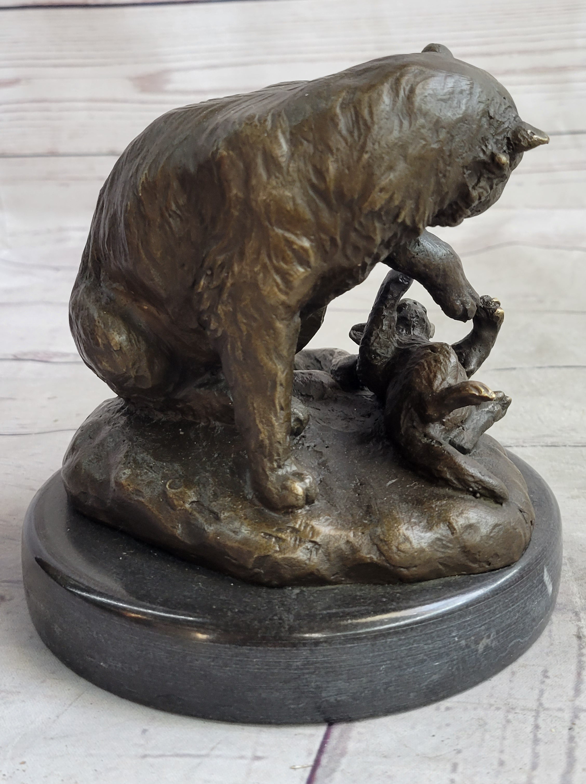 Playful Cat & Kitten - Signed Bronze Sculpture by Milo