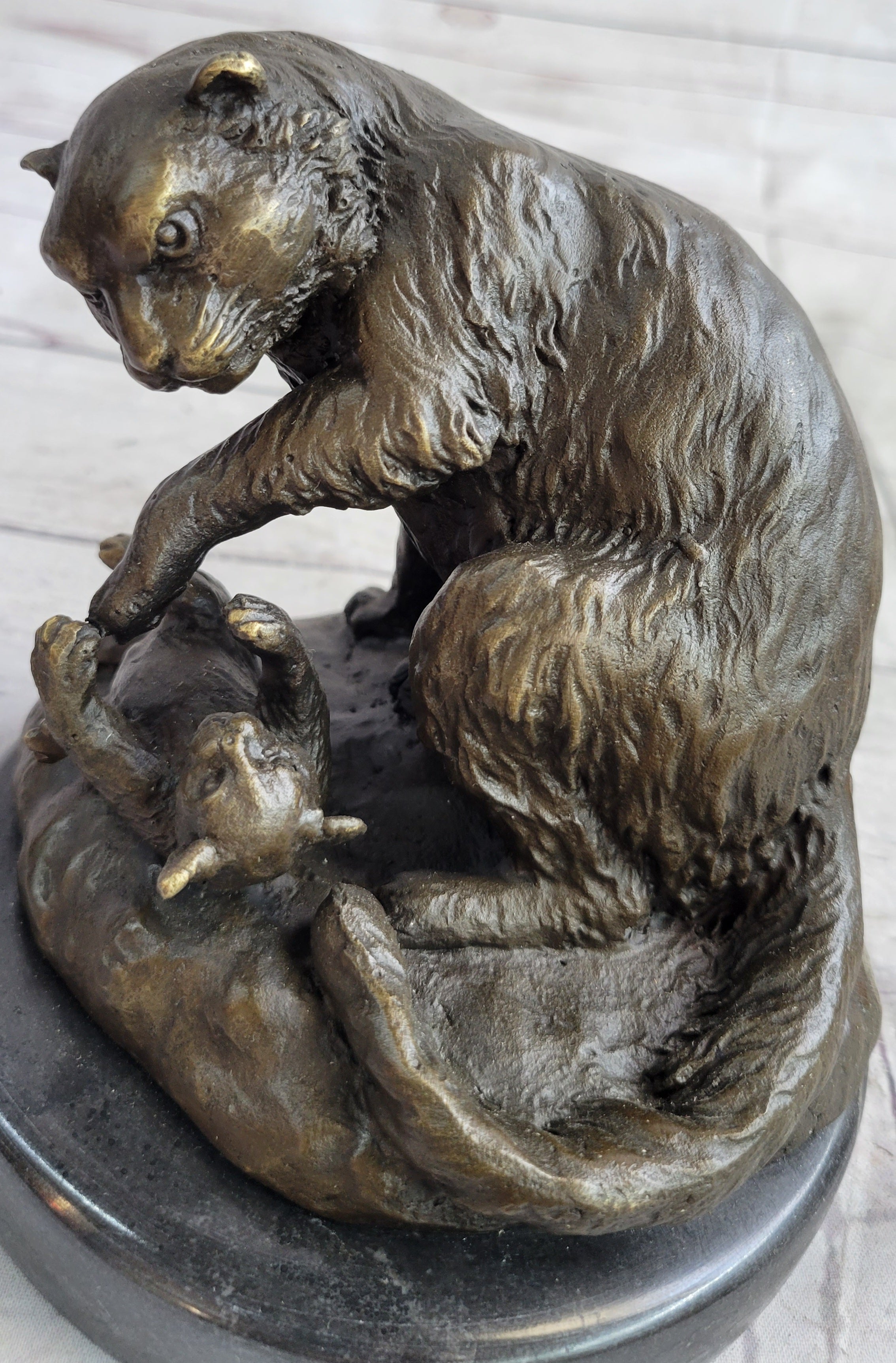 Playful Cat & Kitten - Signed Bronze Sculpture by Milo