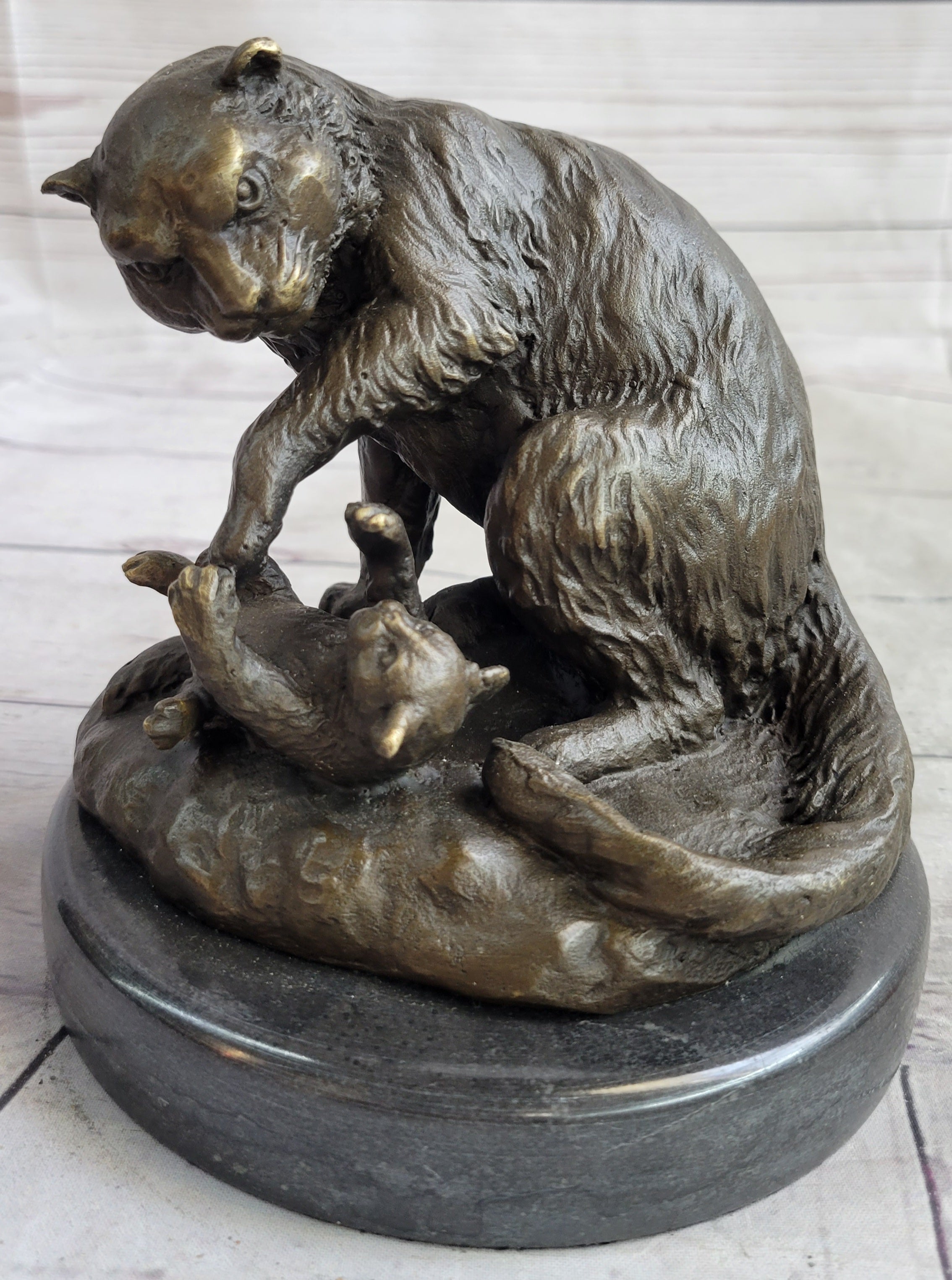 Playful Cat & Kitten - Signed Bronze Sculpture by Milo