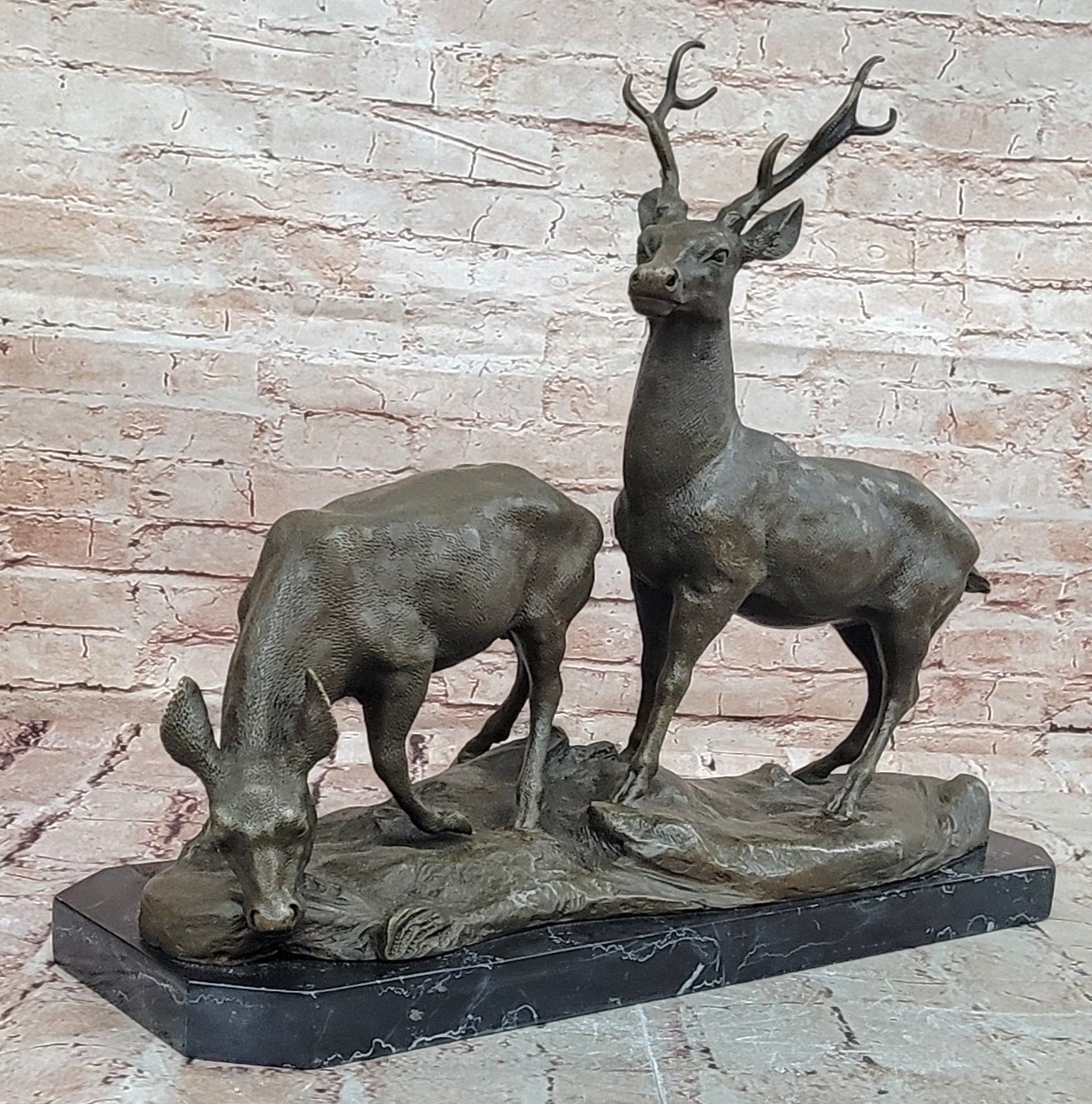 Couple Male and Female Deer Stag Bronze Sculpture Animal Figurine Figure