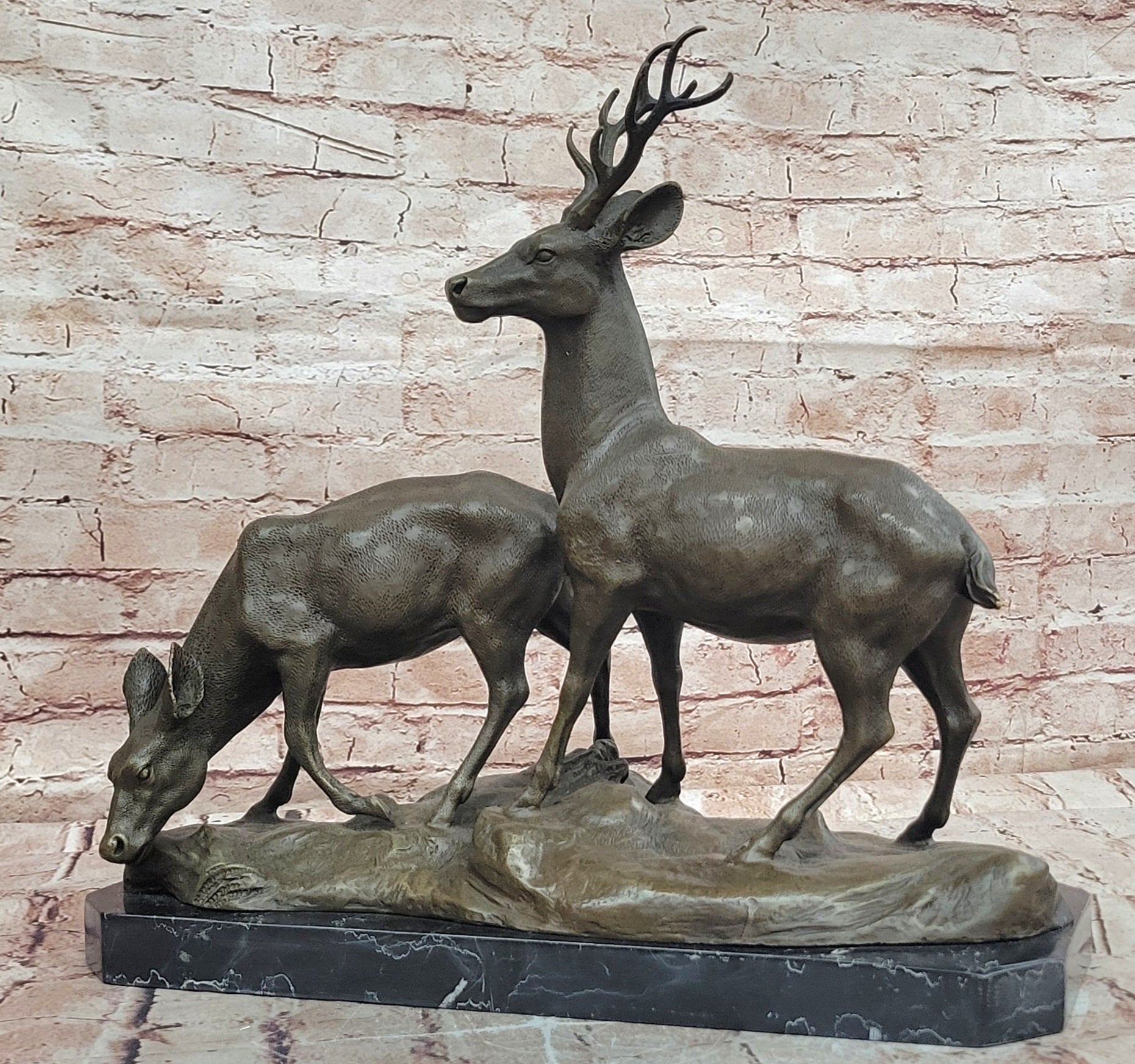 Couple Male and Female Deer Stag Bronze Sculpture Animal Figurine Figure
