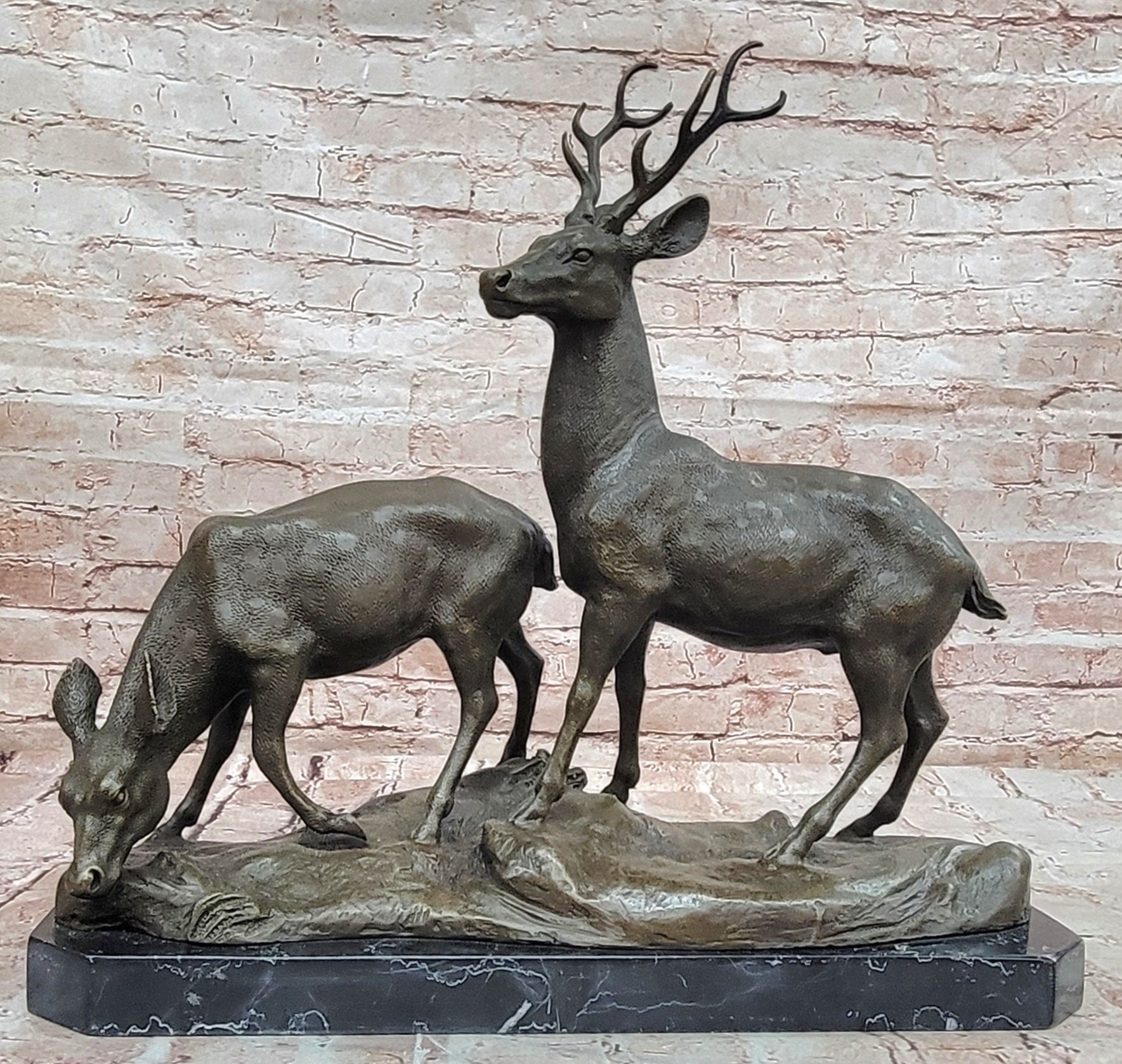 Couple Male and Female Deer Stag Bronze Sculpture Animal Figurine Figure
