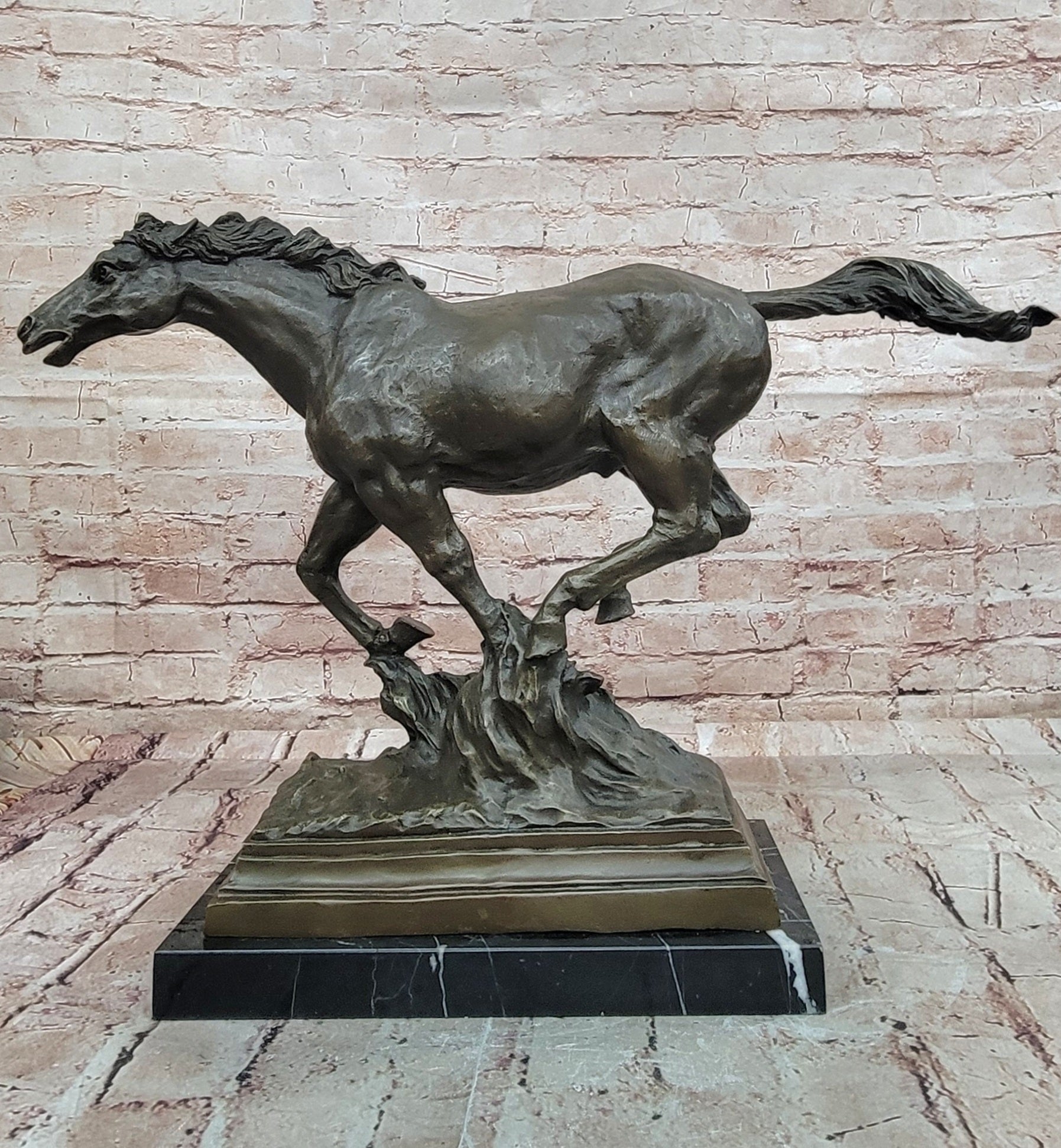 WILD RACING STALLION LARGE HEAVY BRONZE RUNNING HORSE STATUE, SIGNED: MILO