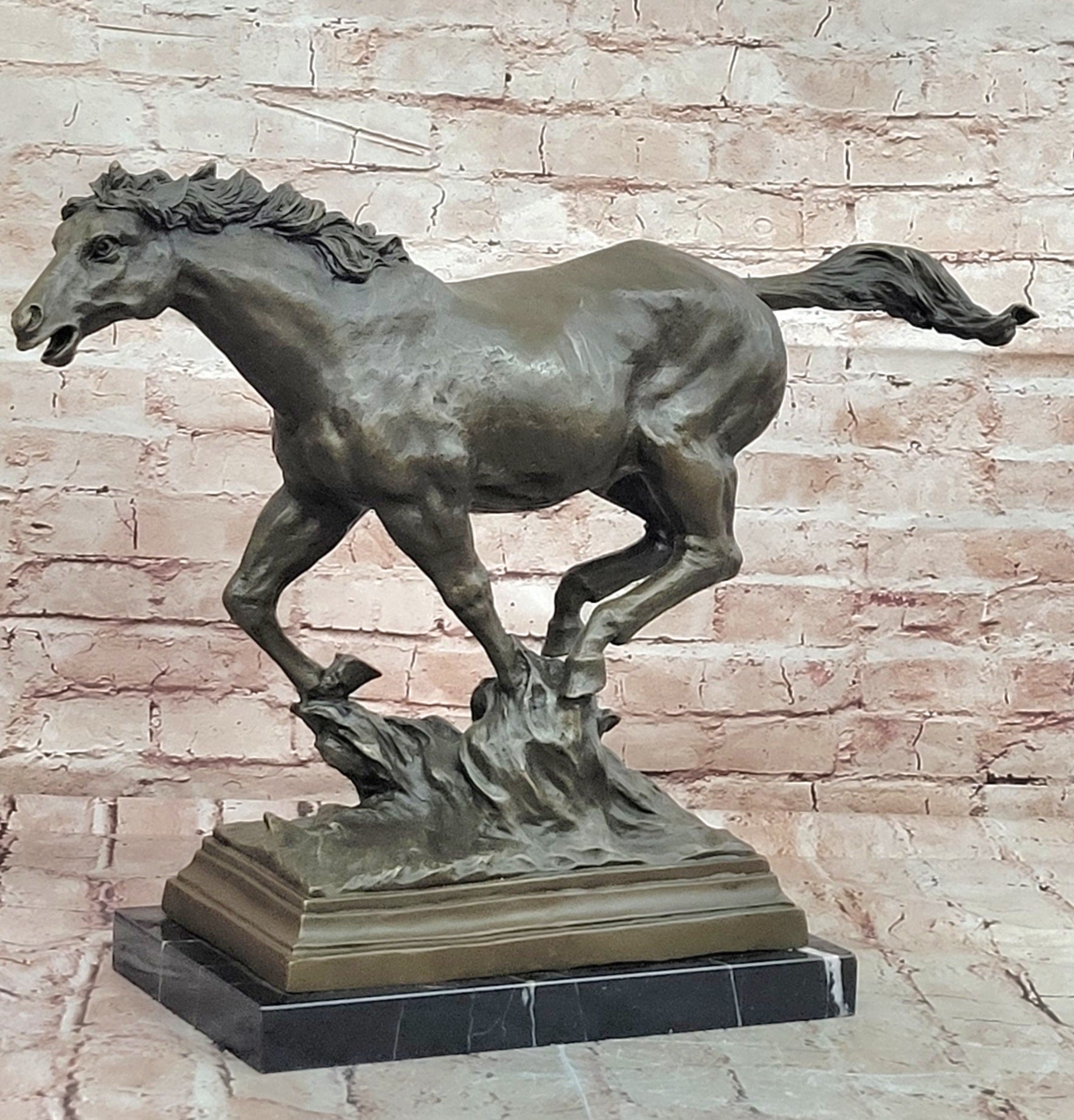 WILD RACING STALLION LARGE HEAVY BRONZE RUNNING HORSE STATUE, SIGNED: MILO
