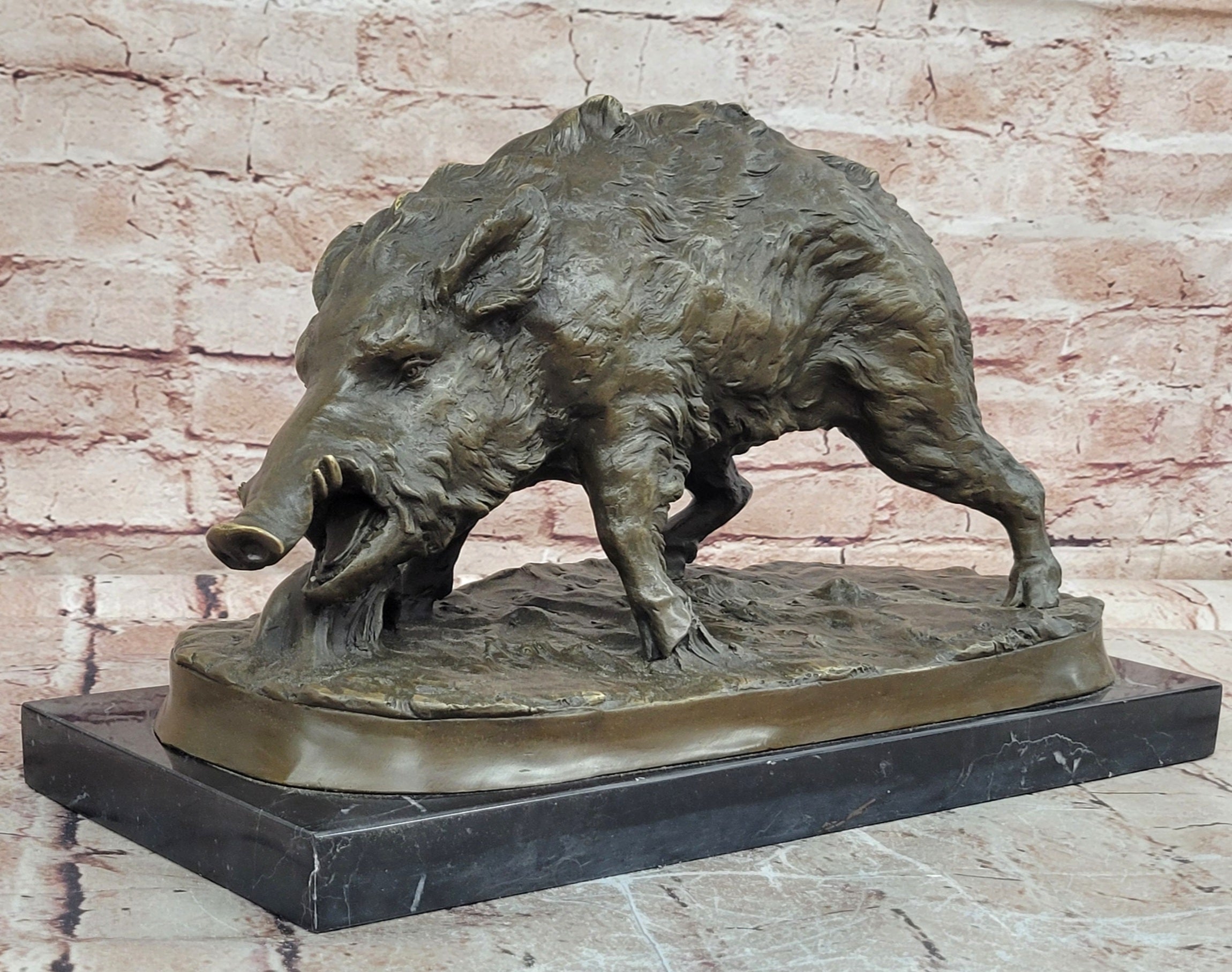 Massive Wild Boar Hog Pig Bronze Sculpture Art Deco Marble Base Hot Cast Statue