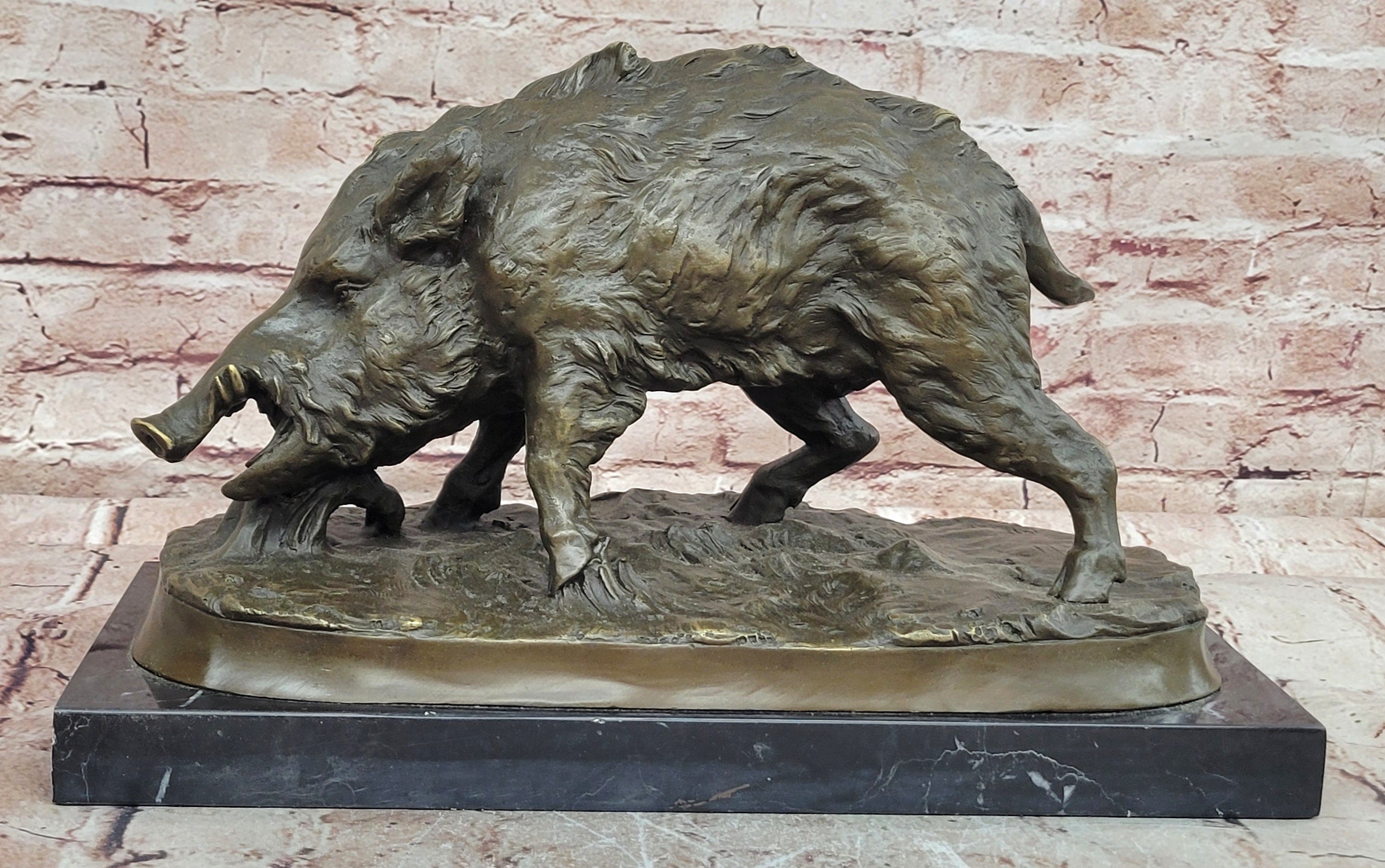 Massive Wild Boar Hog Pig Bronze Sculpture Art Deco Marble Base Hot Cast Statue