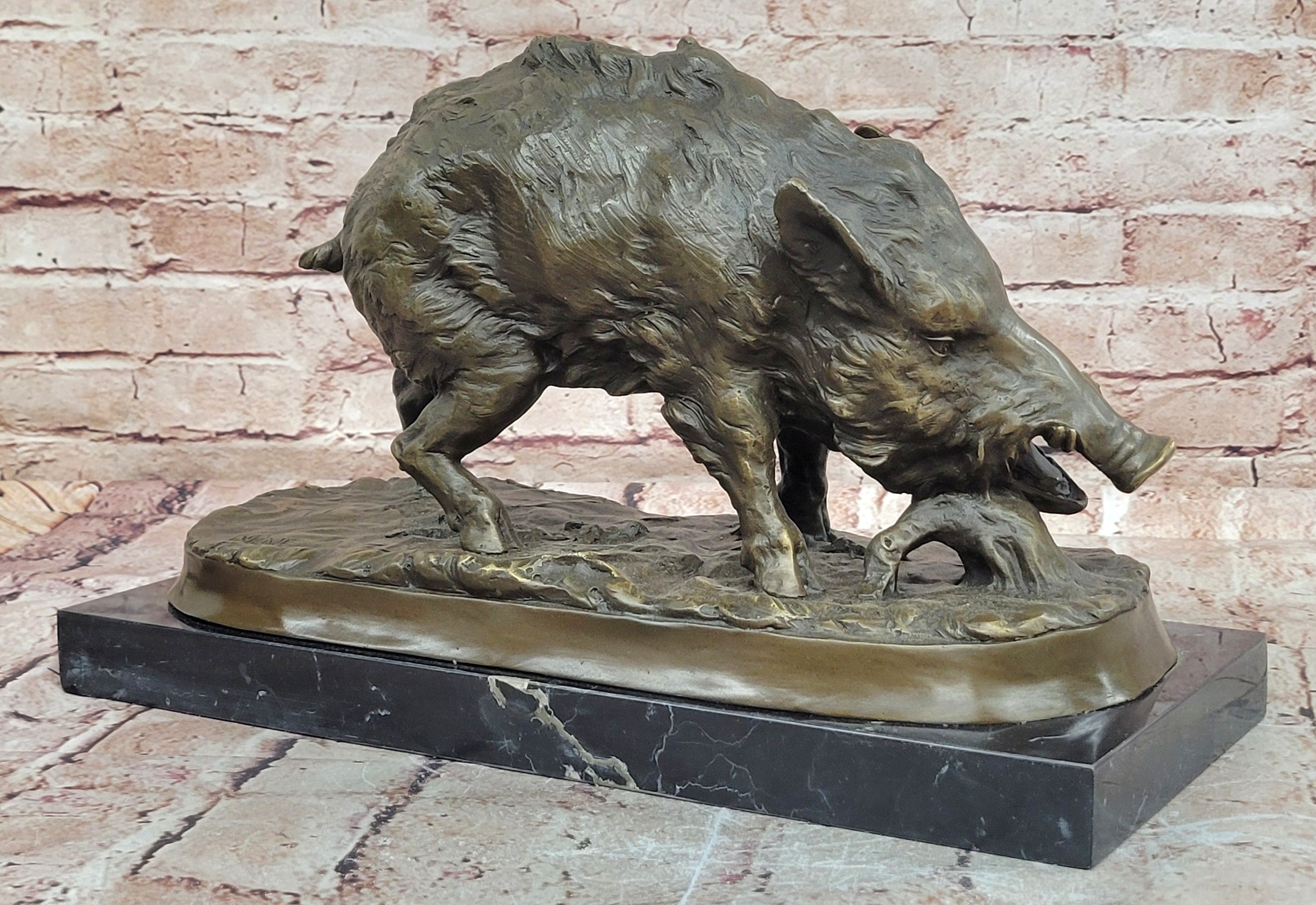 Massive Wild Boar Hog Pig Bronze Sculpture Art Deco Marble Base Hot Cast Statue
