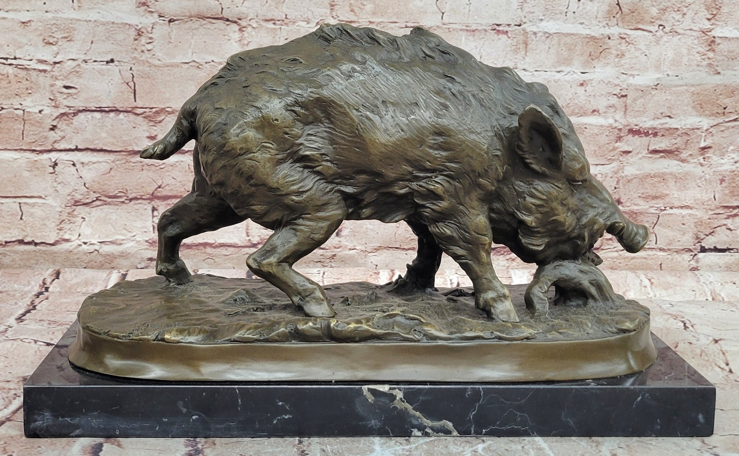 Massive Wild Boar Hog Pig Bronze Sculpture Art Deco Marble Base Hot Cast Statue