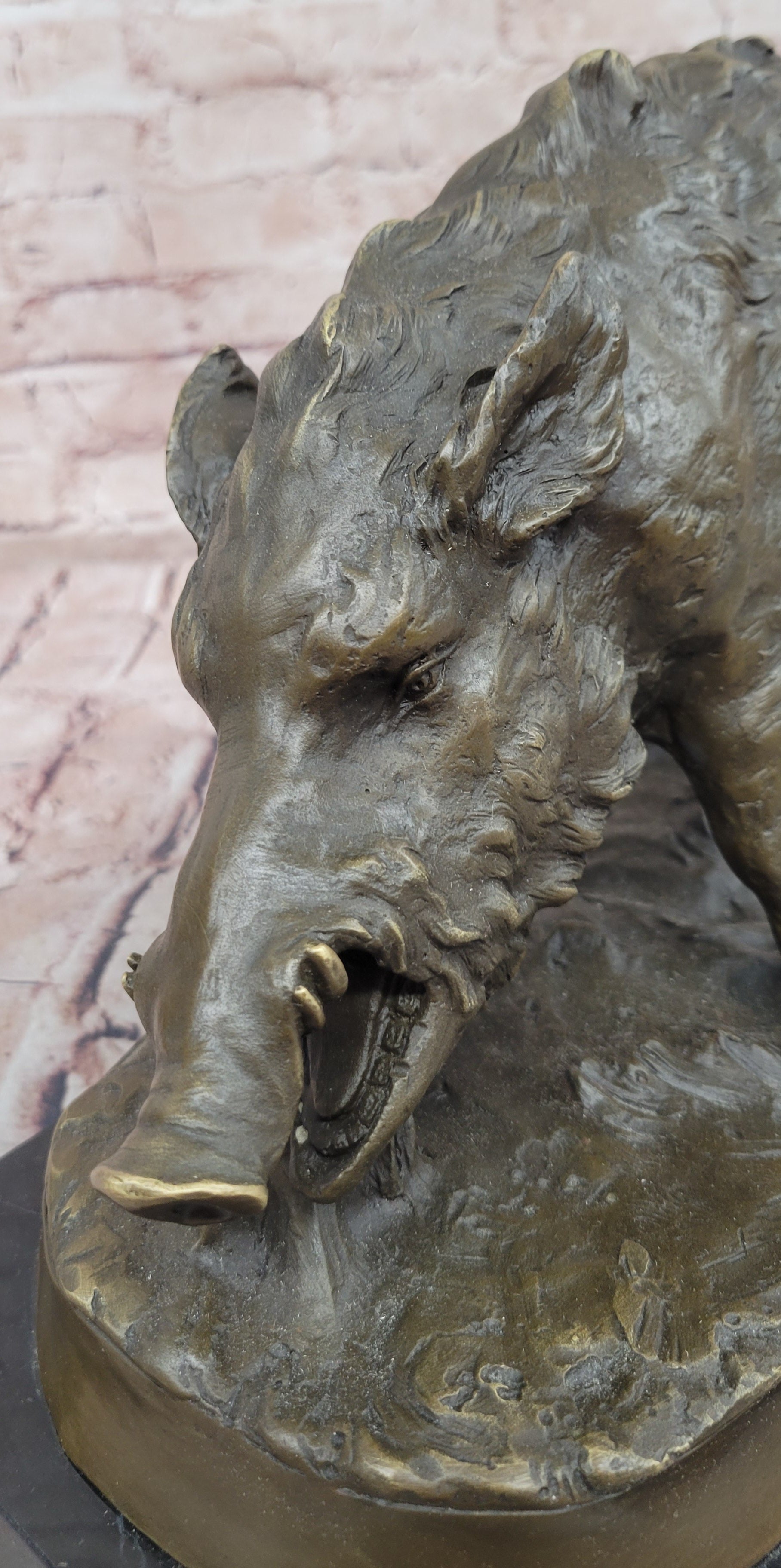 Massive Wild Boar Hog Pig Bronze Sculpture Art Deco Marble Base Hot Cast Statue