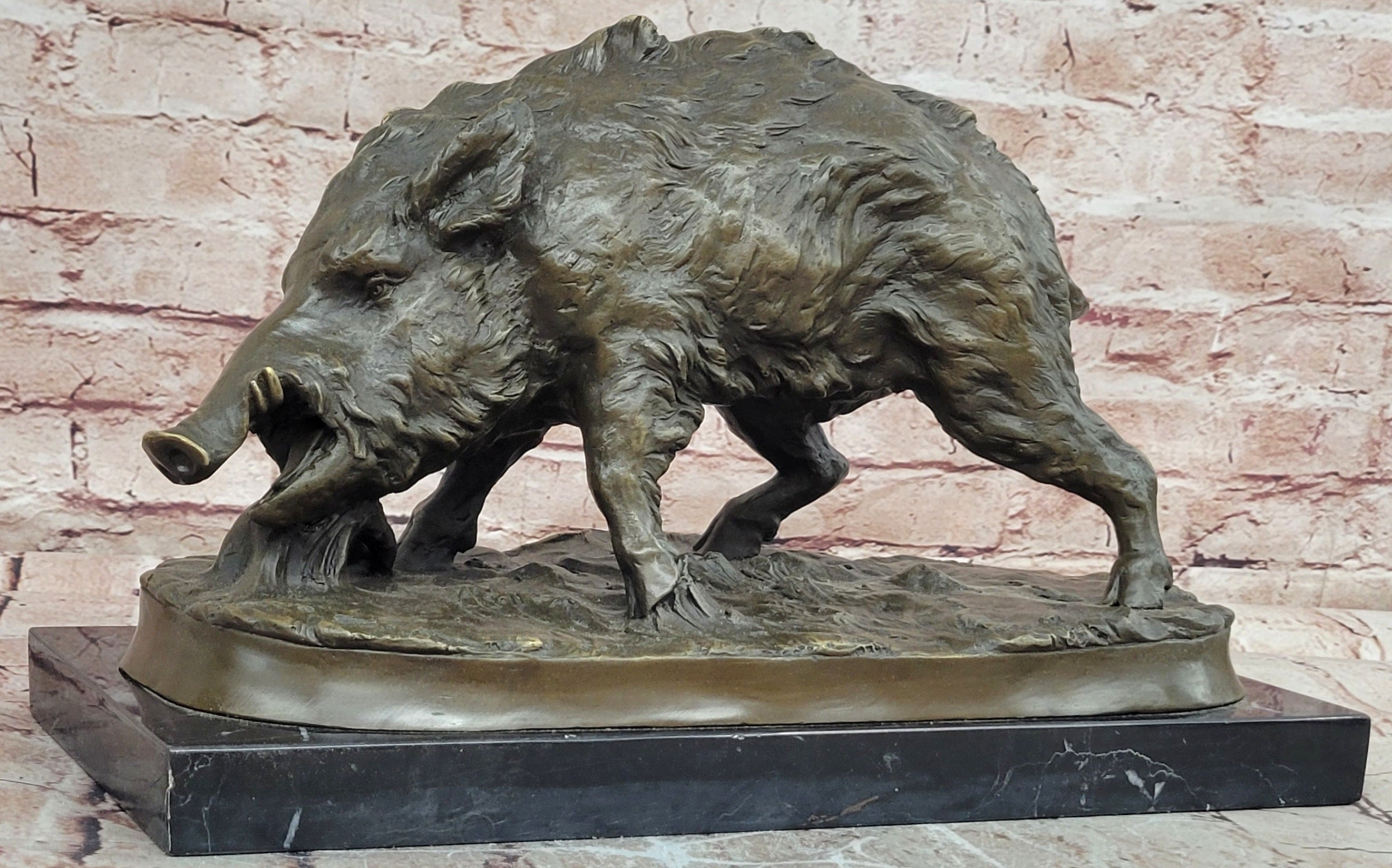 Massive Wild Boar Hog Pig Bronze Sculpture Art Deco Marble Base Hot Cast Statue