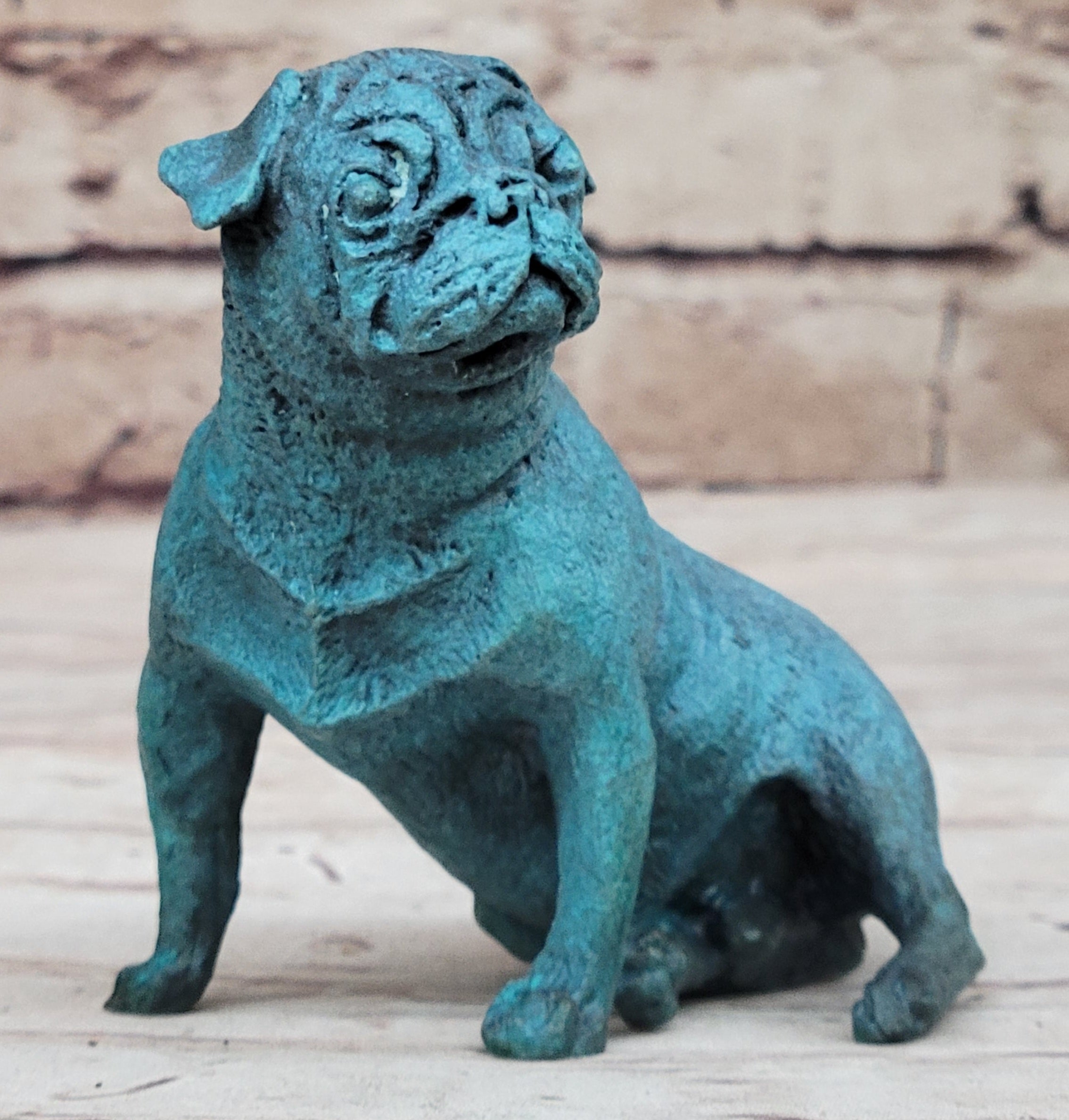 Pug Dog Puppy Bronze Metal Sculpture Blue Patina Art