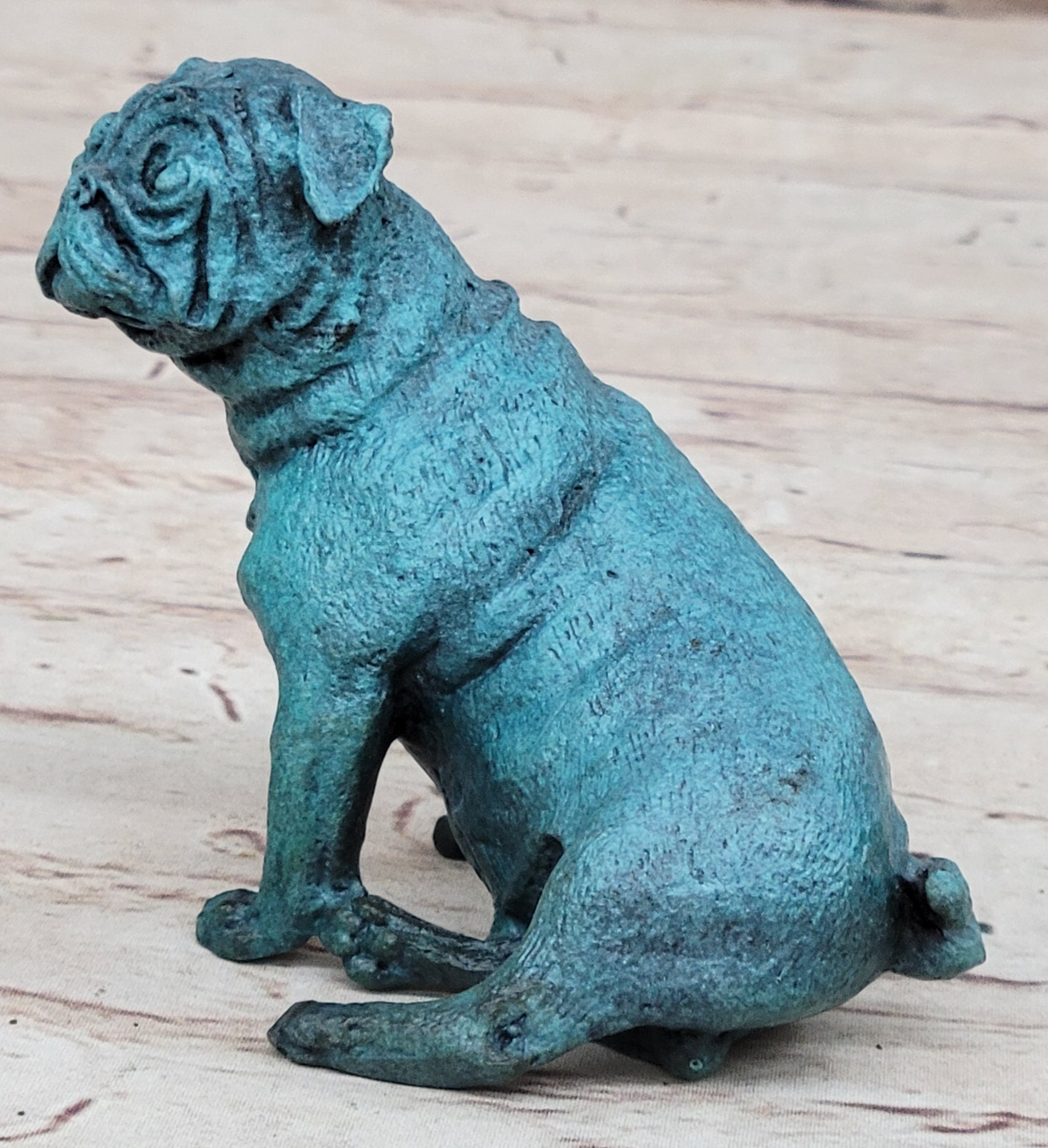 Pug Dog Puppy Bronze Metal Sculpture Blue Patina Art
