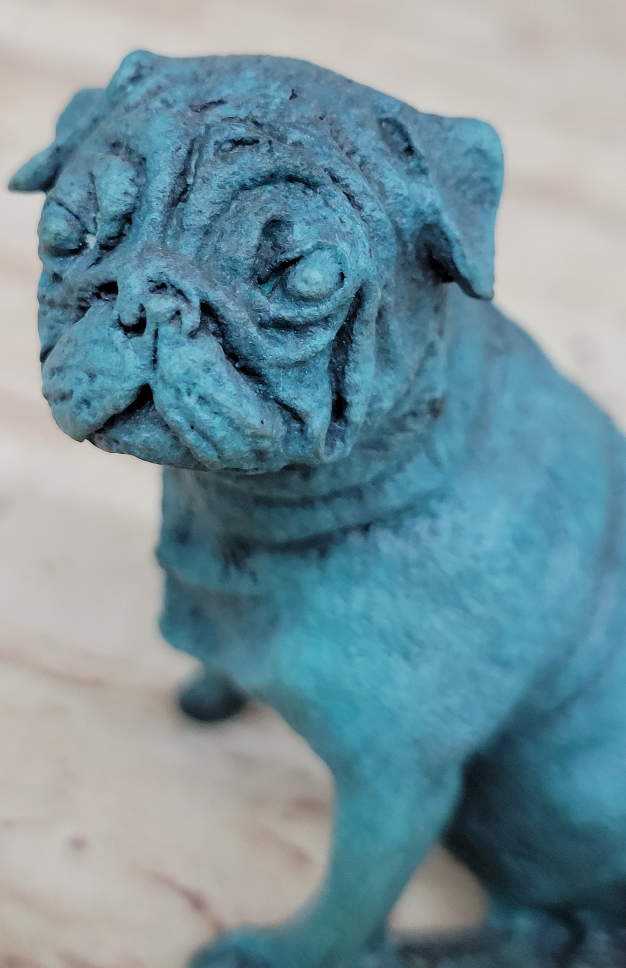 Pug Dog Puppy Bronze Metal Sculpture Blue Patina Art