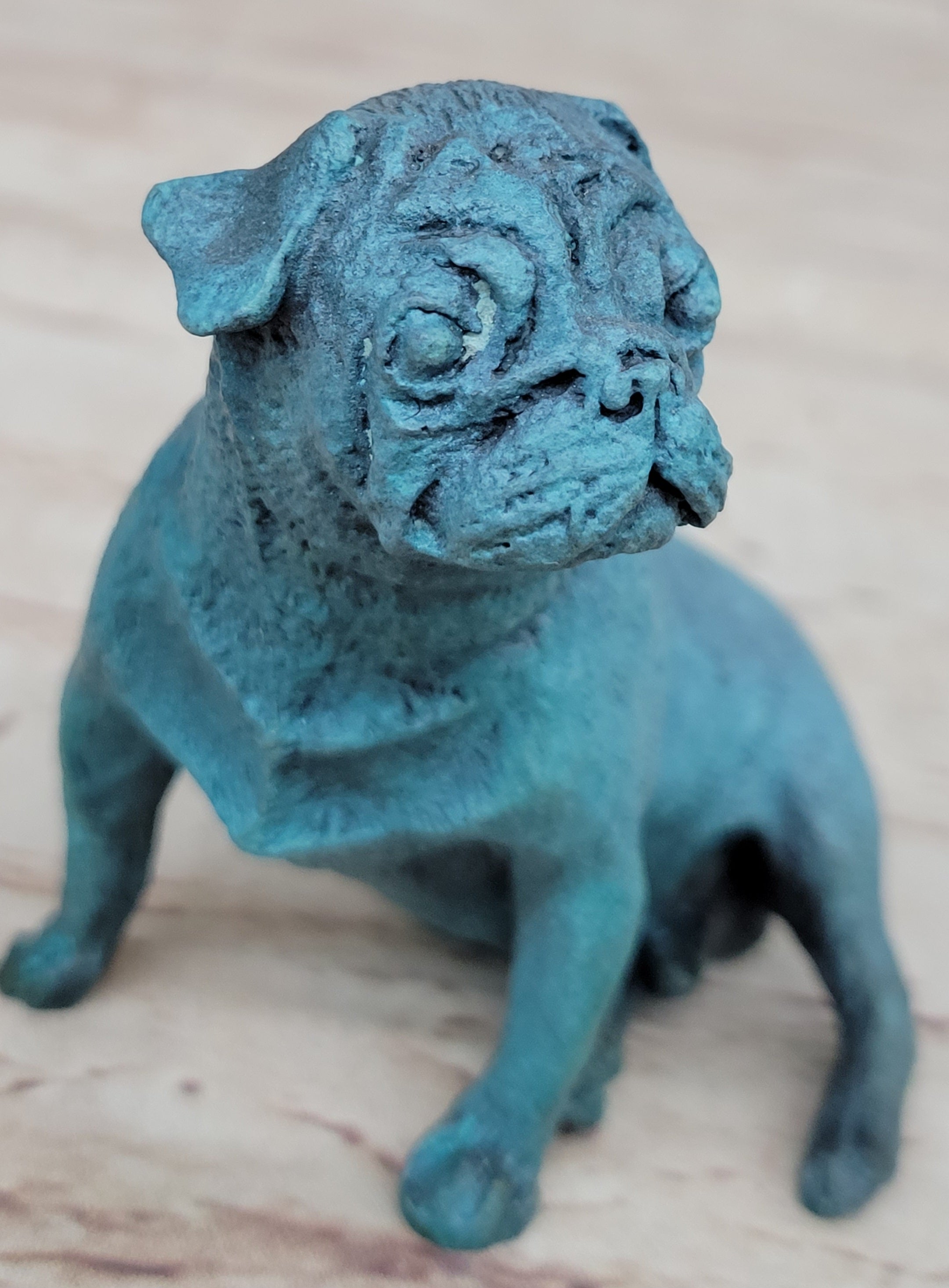 Pug Dog Puppy Bronze Metal Sculpture Blue Patina Art