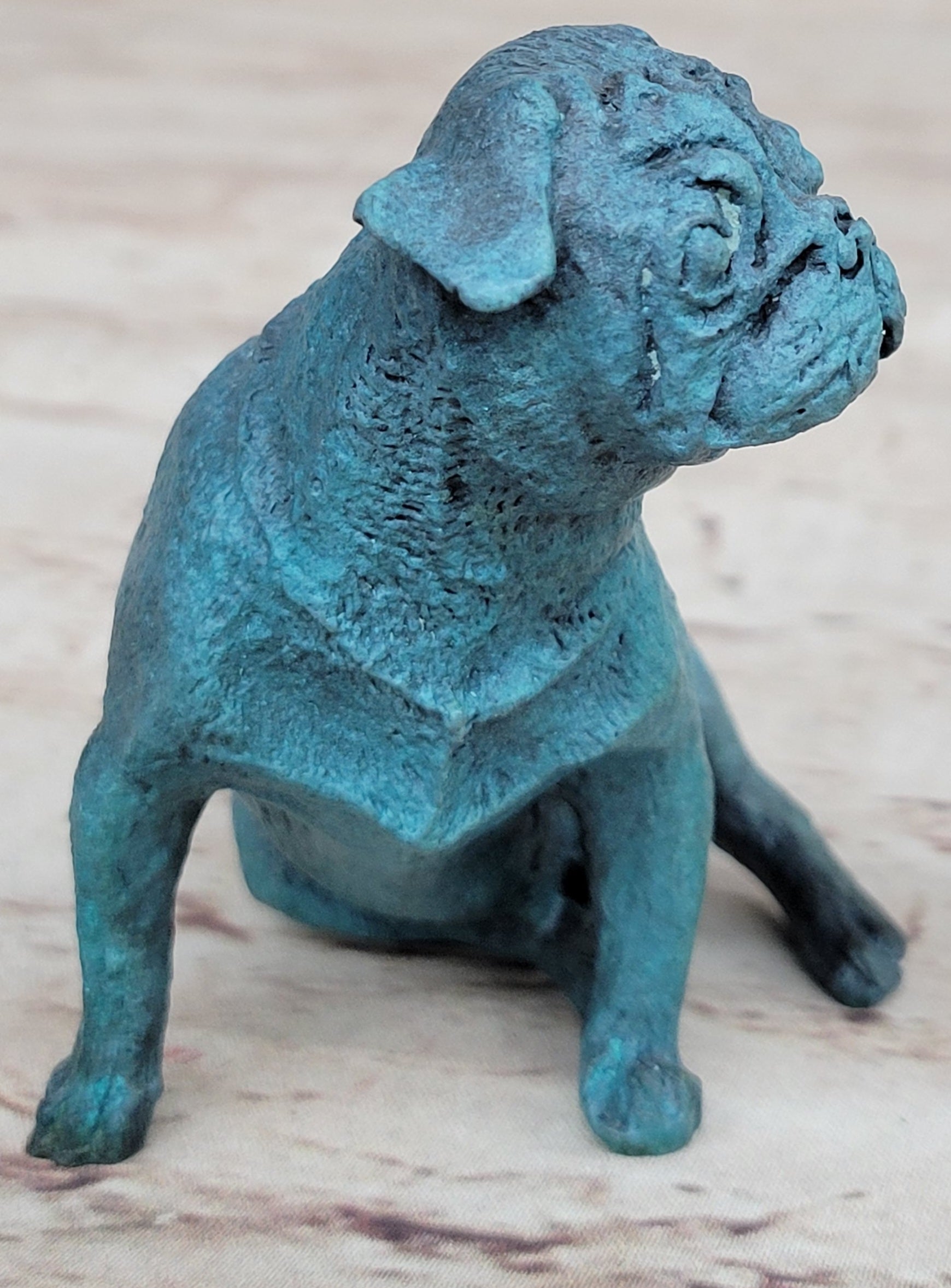 Pug Dog Puppy Bronze Metal Sculpture Blue Patina Art